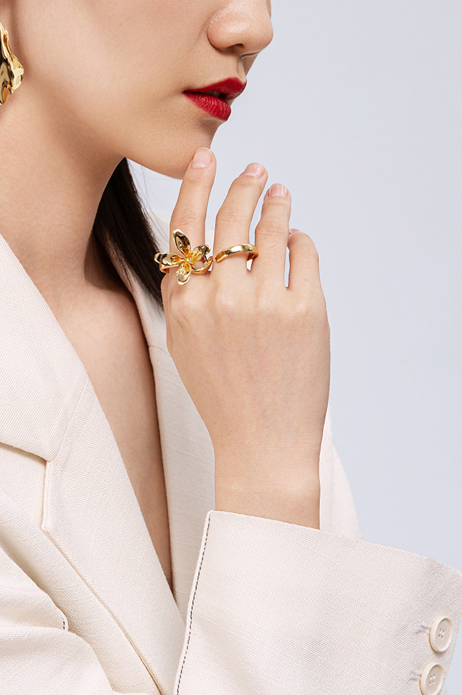 Orchids Collection Double Finger Ring With Flower Free Size
