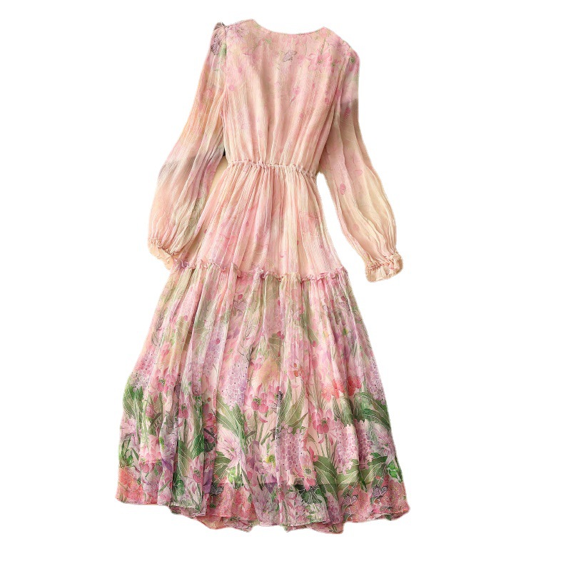 2024 Summer Mulberry Silk Side Lace Gradient Print Silk Dress