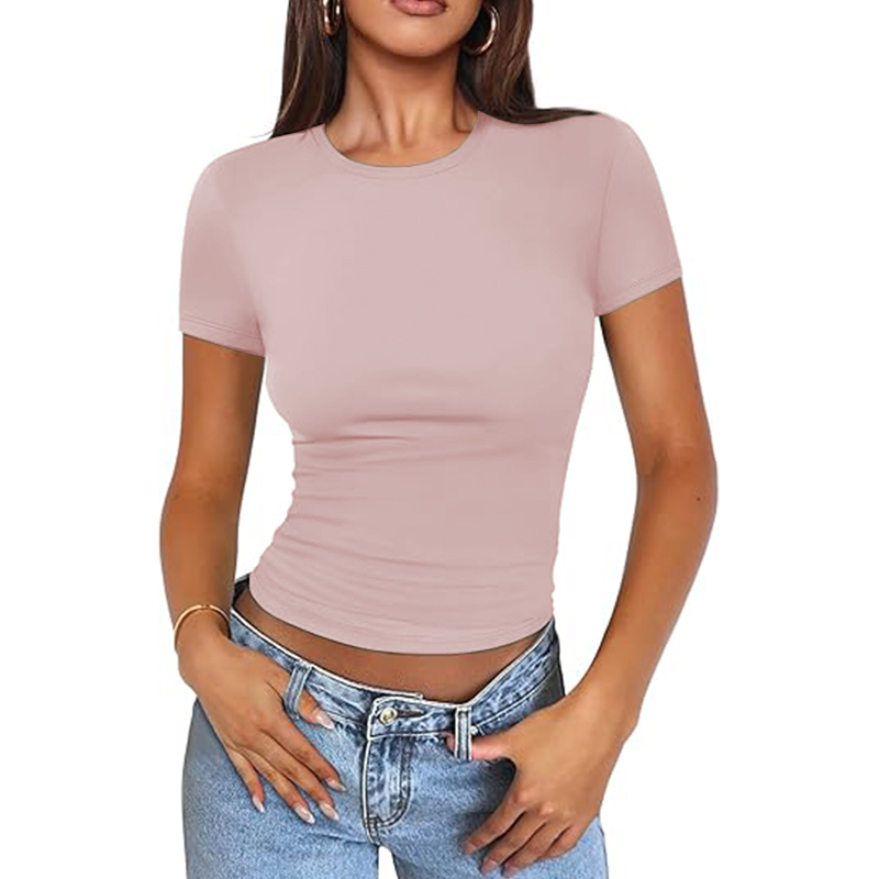 Women Basic Scoop Neck Short Sleeve Crop Cute Summer Top