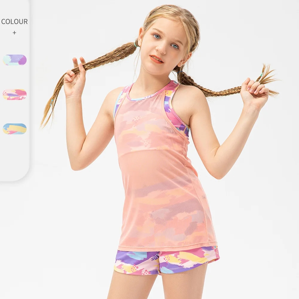NWT 2 Pcs per set Girls Kid Cute Mesh Top Quick Dry Breathable Stretch Vest Kids Tank Top Children Yoga Shorts Dance Shorts