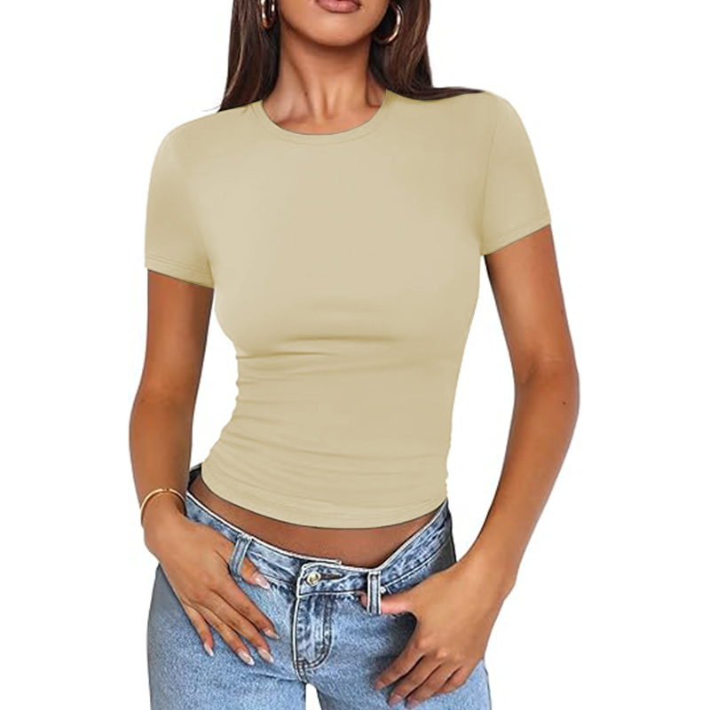 Women Basic Scoop Neck Short Sleeve Crop Cute Summer Top