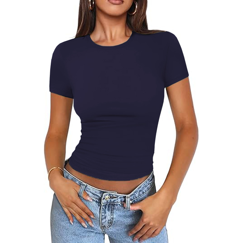 Women Basic Scoop Neck Short Sleeve Crop Cute Summer Top