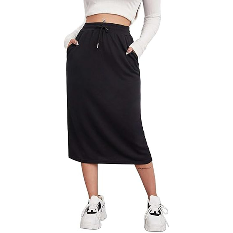 Women High Waist Skirt Vintage Elastic Line Pleated Skirt with Pockets