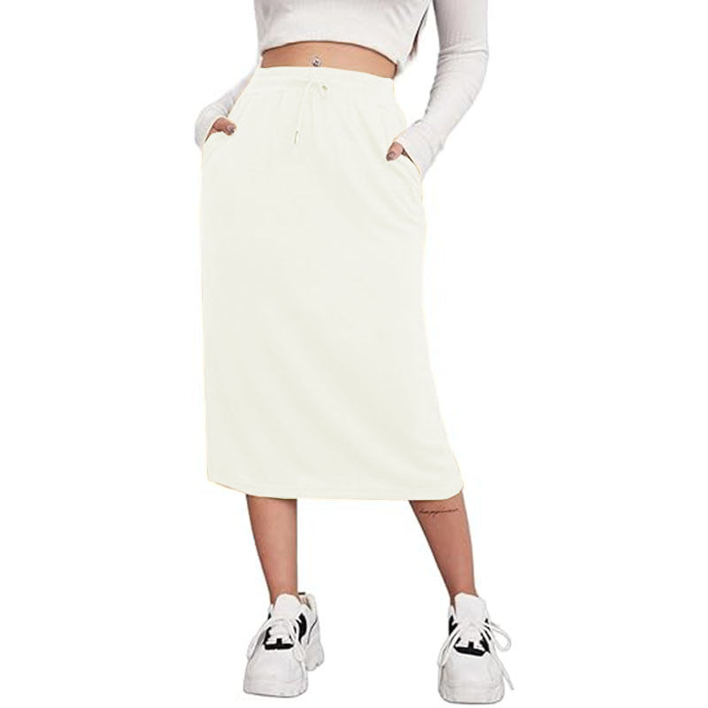Women High Waist Skirt Vintage Elastic Line Pleated Skirt with Pockets