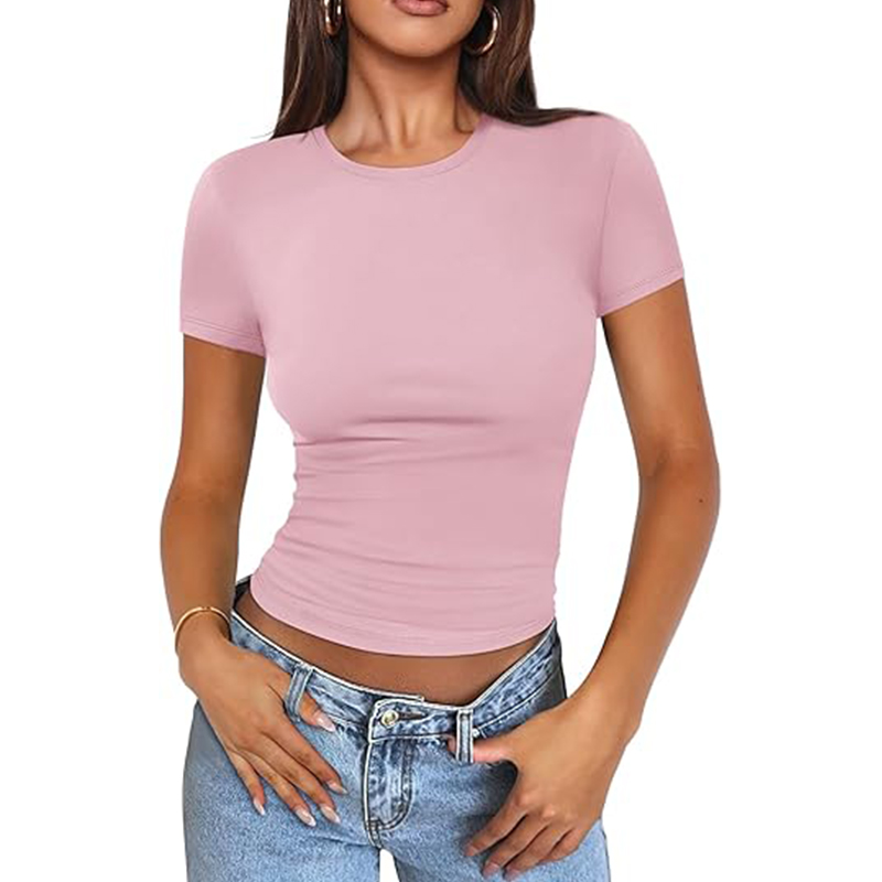 Women Basic Scoop Neck Short Sleeve Crop Cute Summer Top