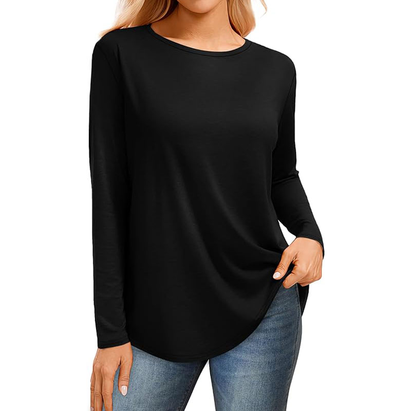 Womne's Ribbed Round Neck Slim Fitted T Shirts Basic Solid Long Sleeve
