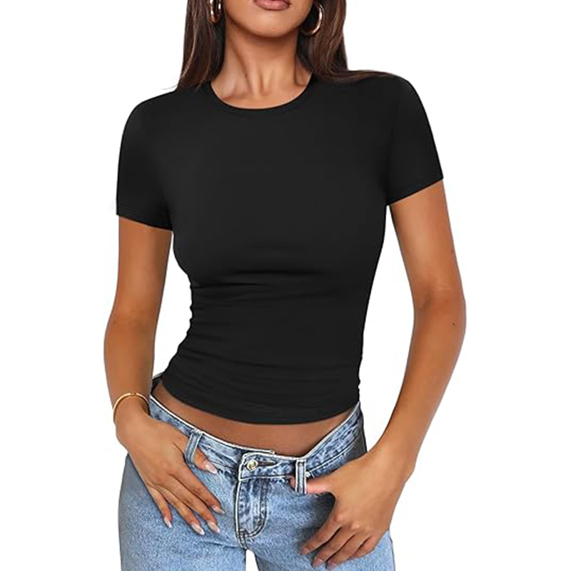 Women Basic Scoop Neck Short Sleeve Crop Cute Summer Top