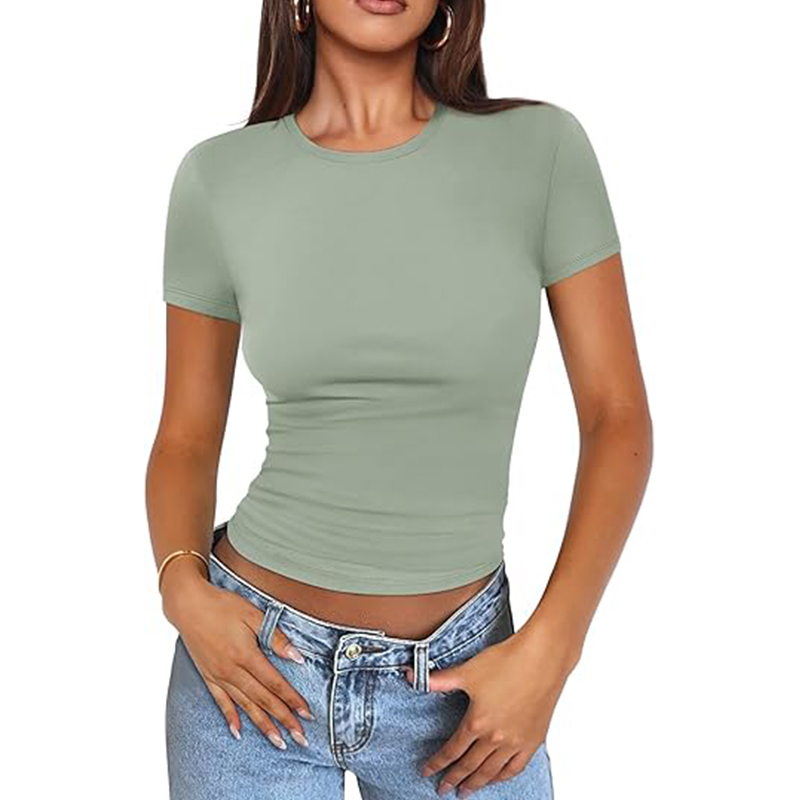 Women Basic Scoop Neck Short Sleeve Crop Cute Summer Top