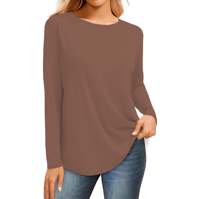 Womne's Ribbed Round Neck Slim Fitted T Shirts Basic Solid Long Sleeve