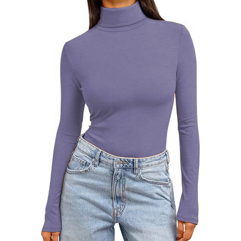 Women Turtleneck Long Sleeve Shirt Lightweight Base Solid Slim Fit Top