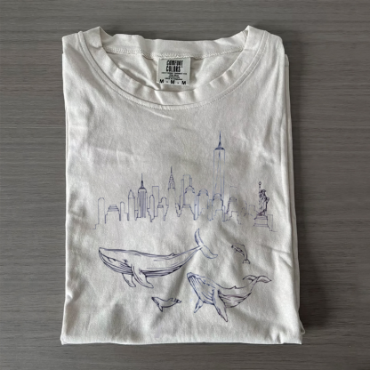 Gotham Whale Humpback Whale and Dolphin NYC Skyline T-shirt