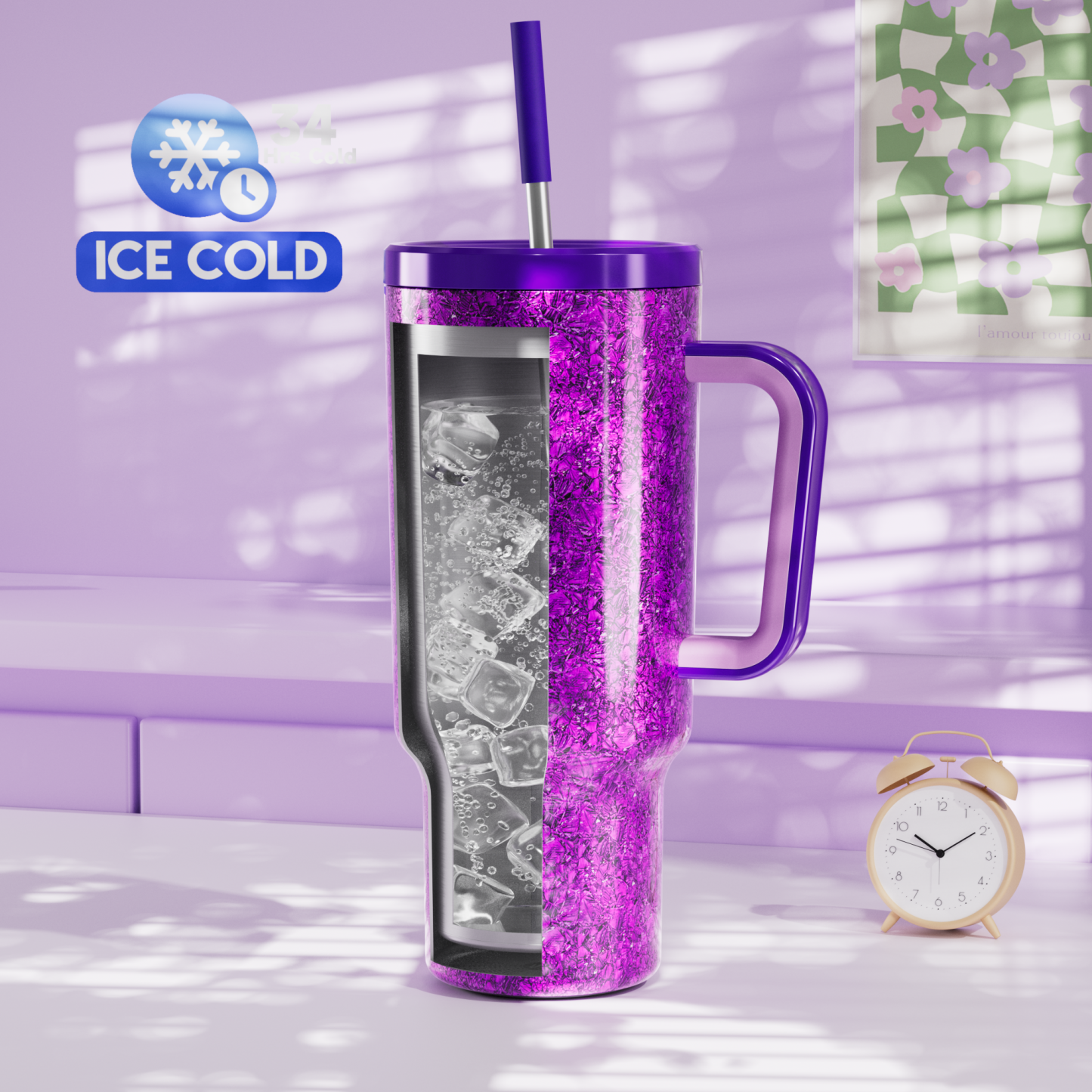 40oz Tumbler With Straw Ice Pattern-Purple