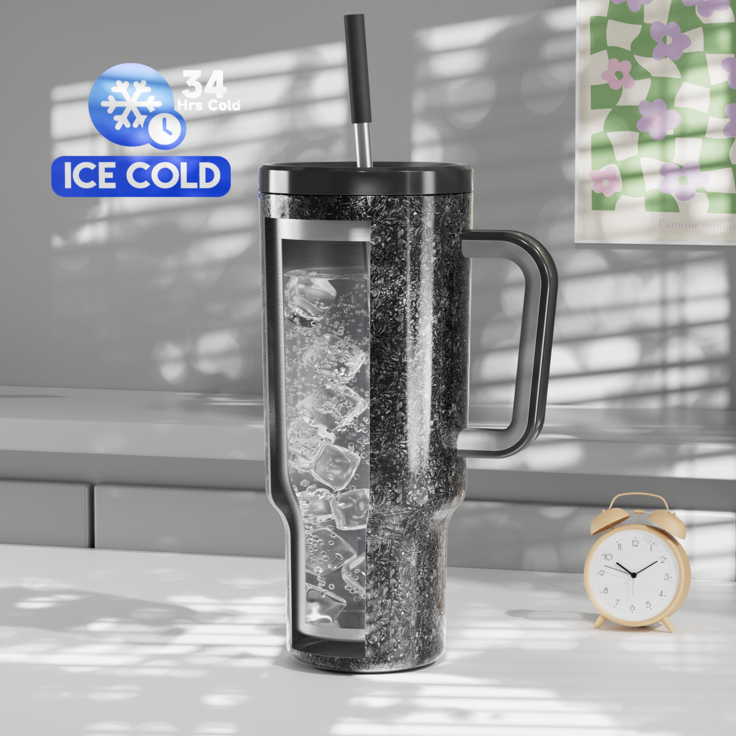 40oz Tumbler With Straw Ice Pattern-Black