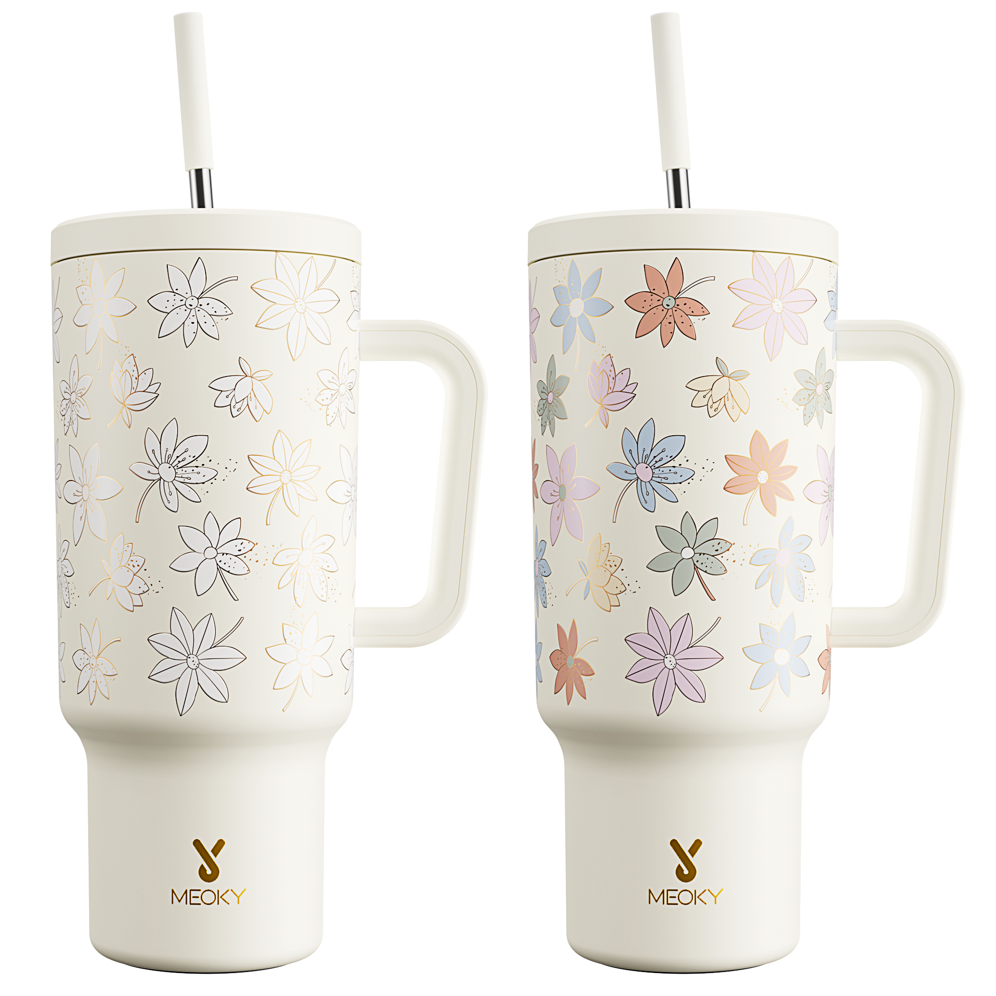Meoky 40oz UV Color-Changing Floral Tumbler with Handle & Straw
