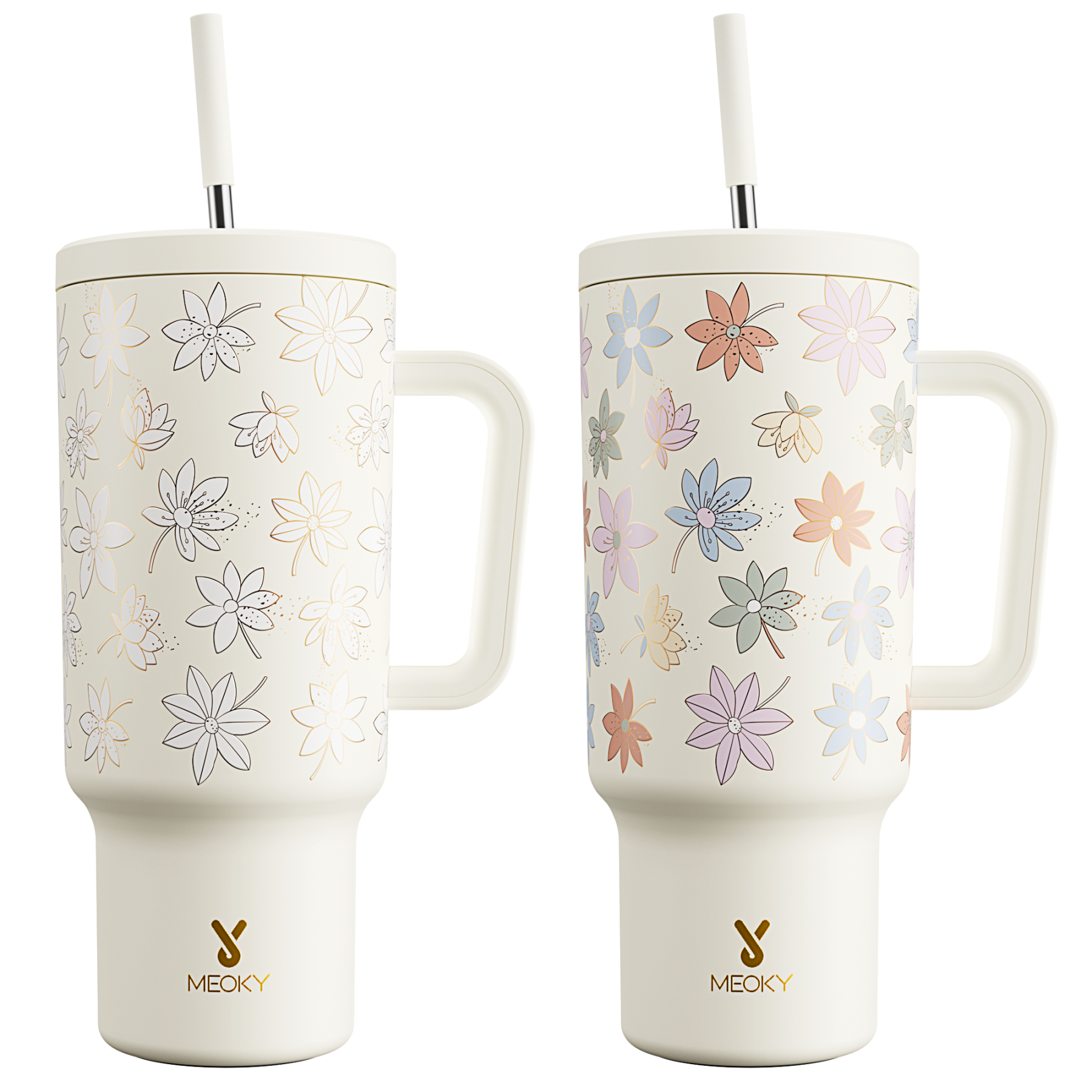 Meoky 40oz UV Color-Changing Floral Tumbler with Handle & Straw