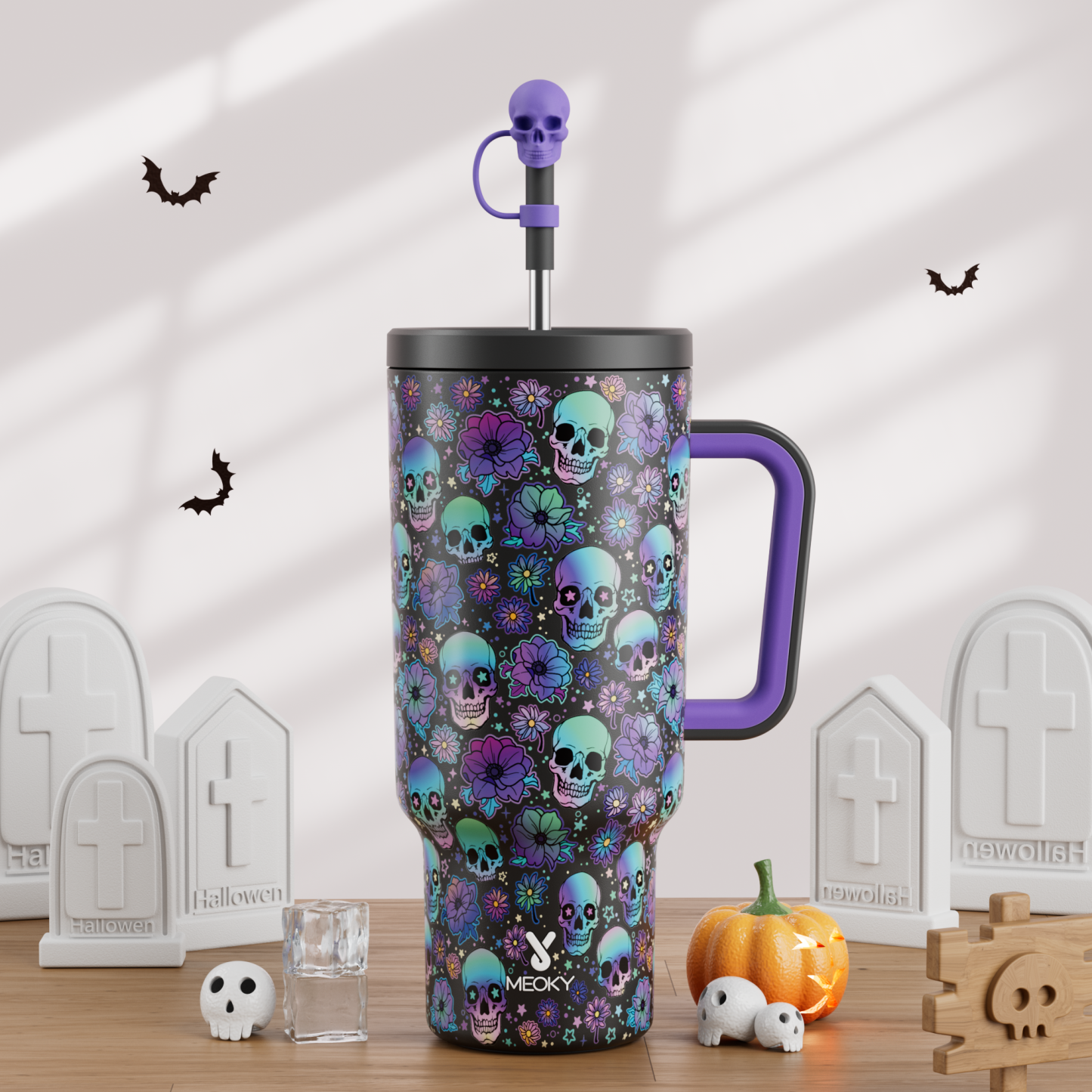 40oz Tumbler With Straw Halloween Special Edition-Black Skull