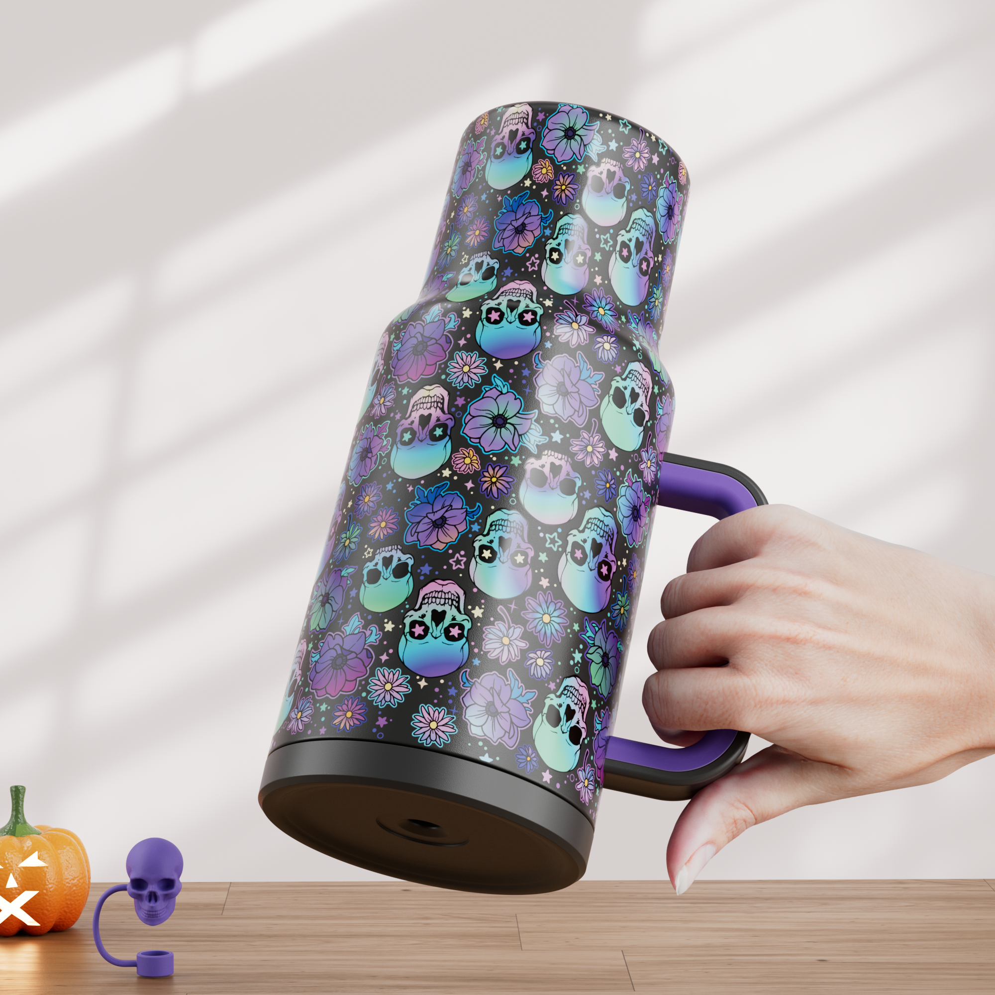 40oz Tumbler With Straw Halloween Special Edition-Black Skull