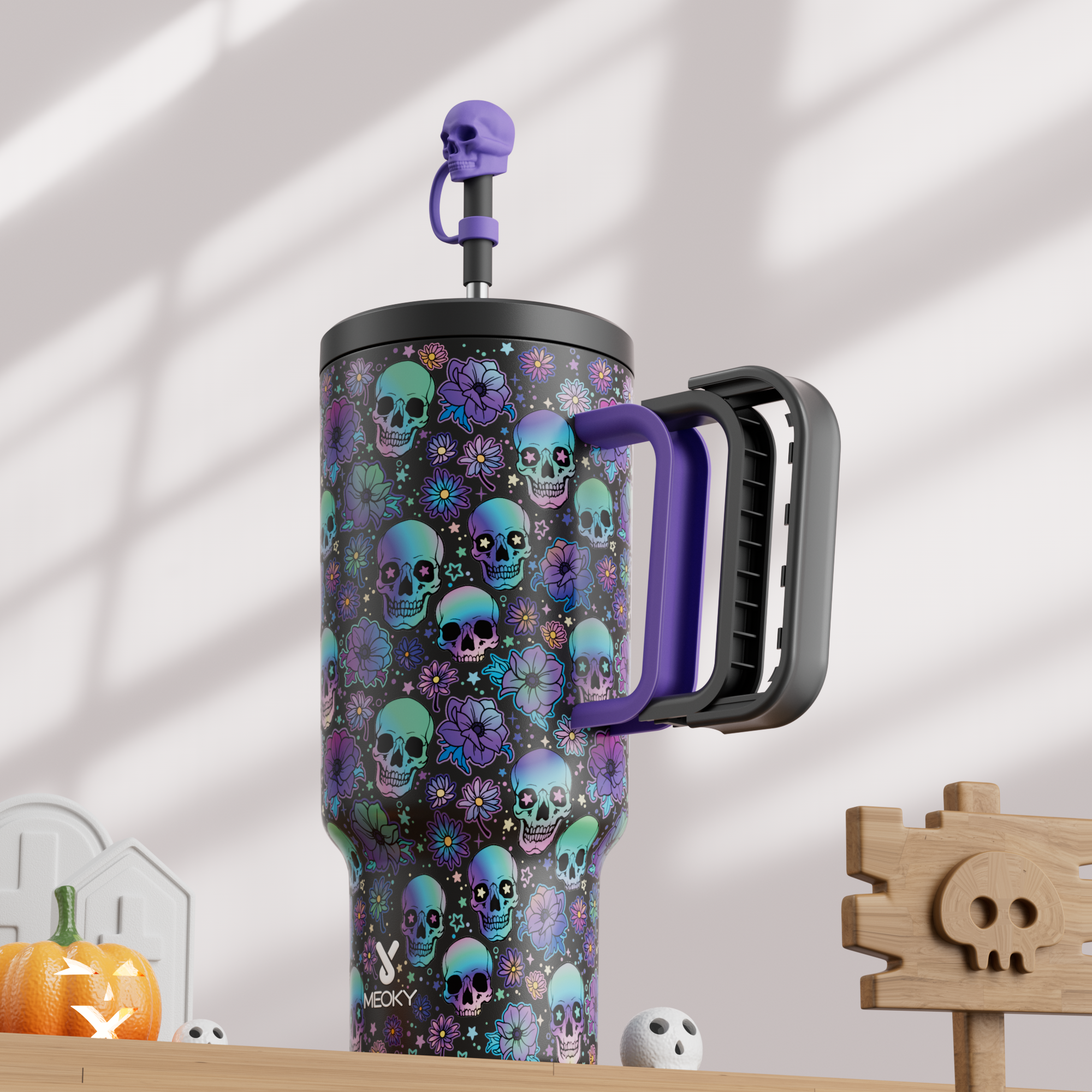 40oz Tumbler With Straw Halloween Special Edition-Black Skull