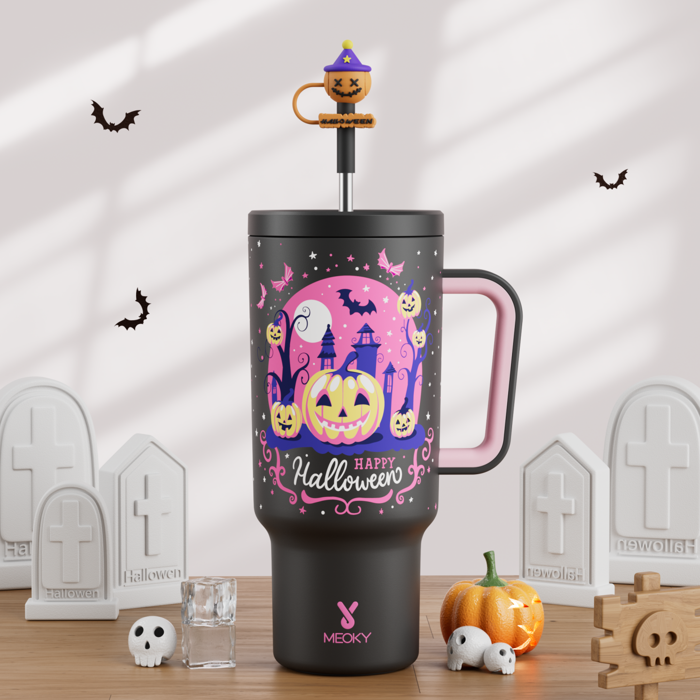 40oz Tumbler With Straw Halloween Special Edition-Black Castle Halloween - Luminous