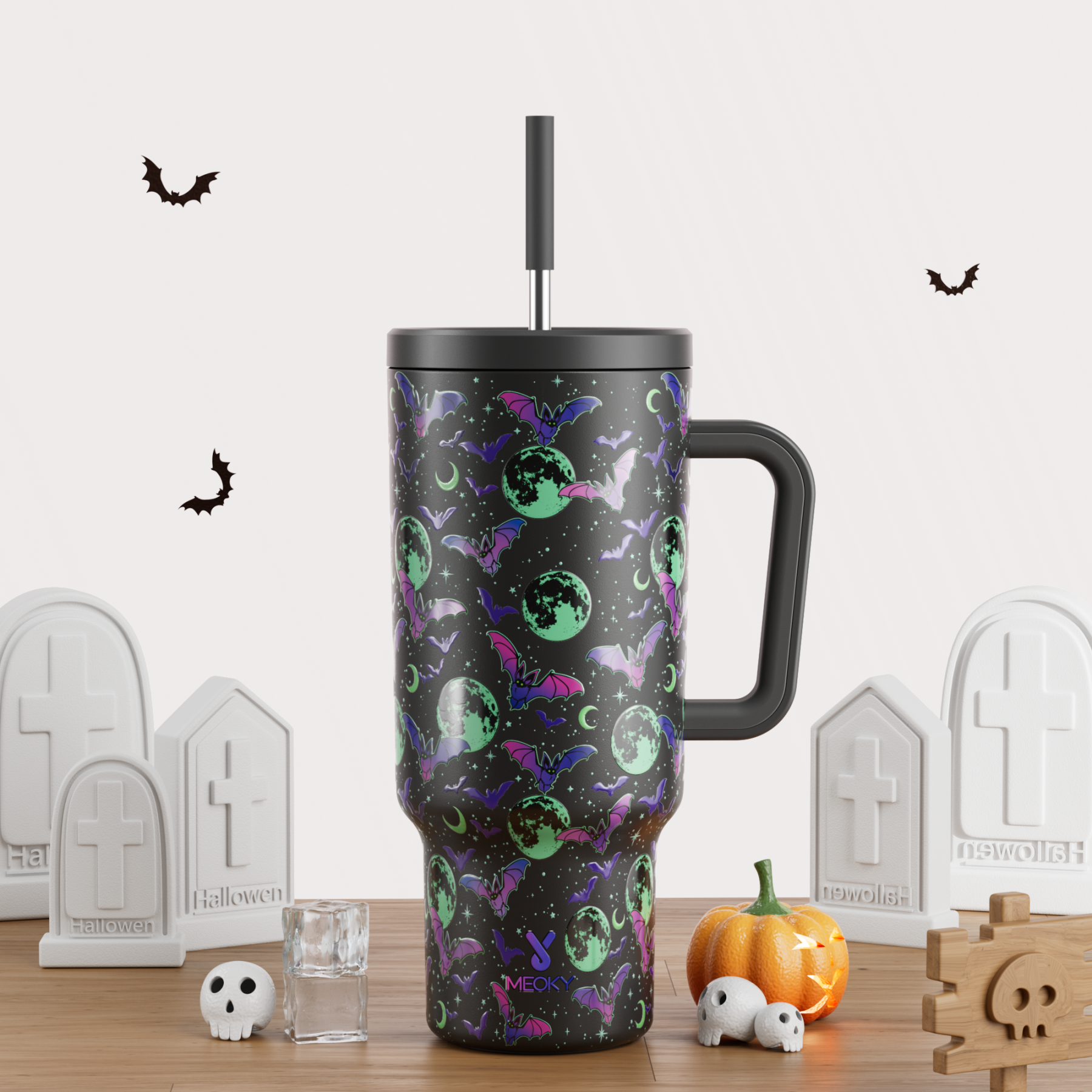 40oz Tumbler With Straw Halloween Special Edition-Purple Bat-Limited Edition