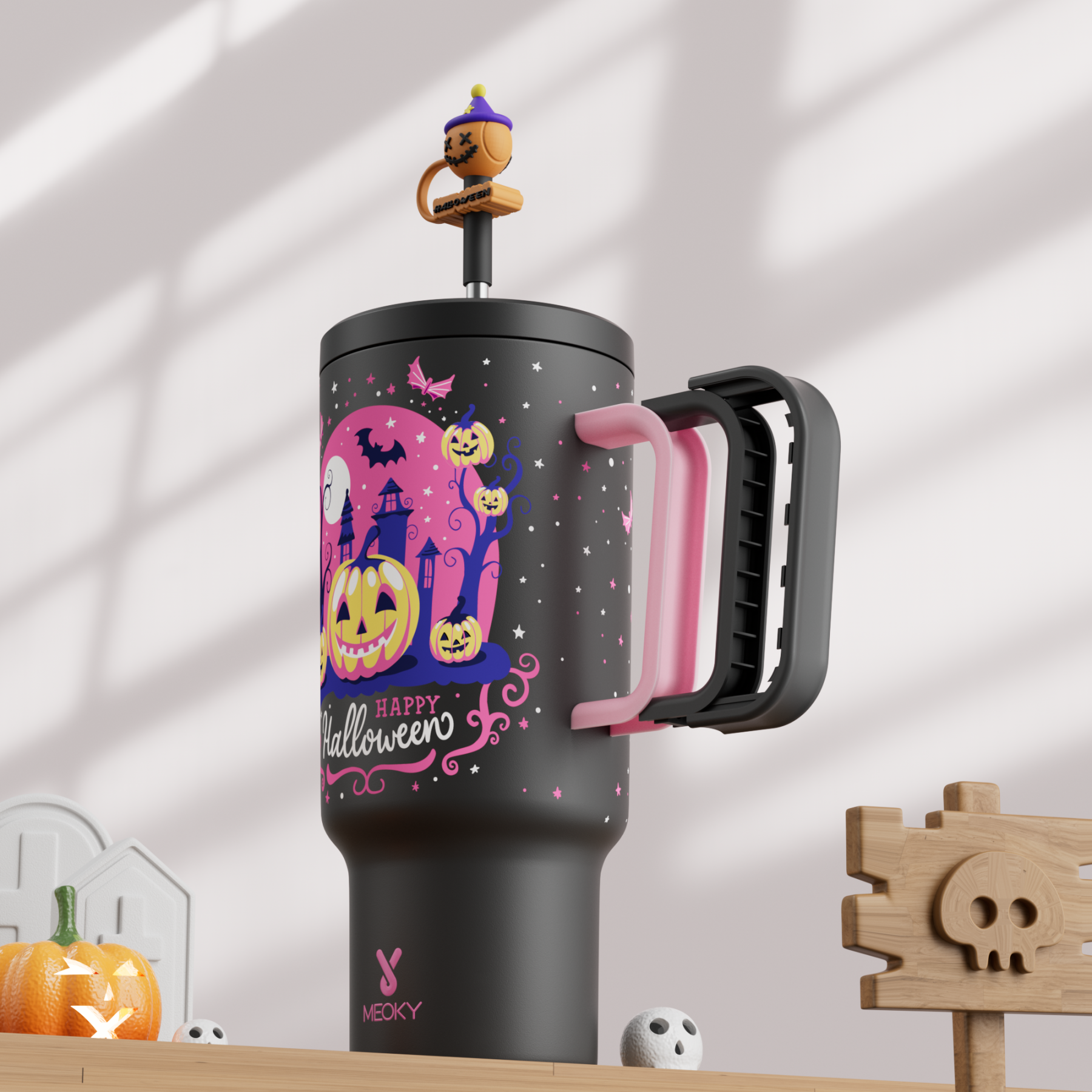 40oz Tumbler With Straw Halloween Special Edition-Black Castle Halloween - Luminous