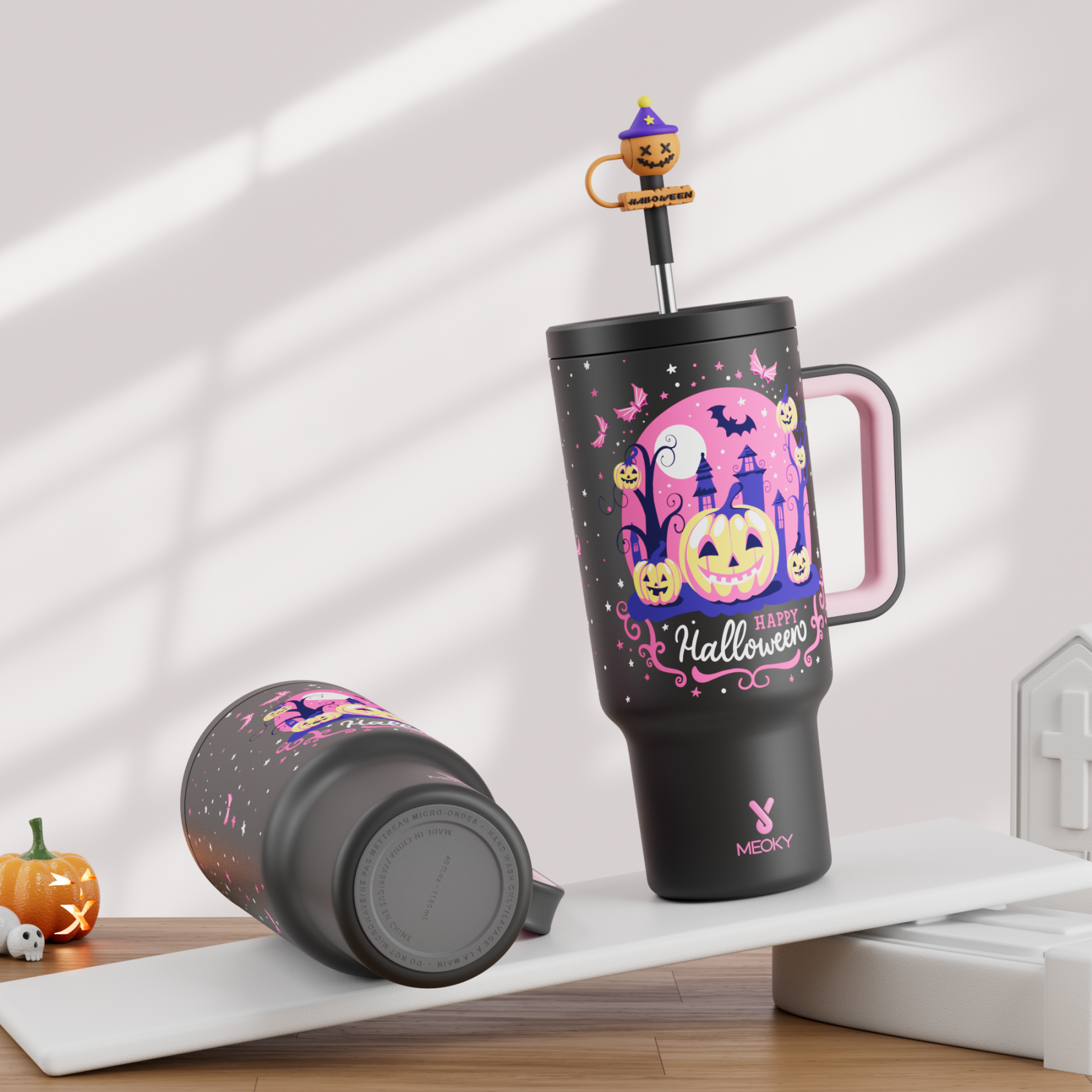 40oz Tumbler With Straw Halloween Special Edition-Black Castle Halloween - Luminous