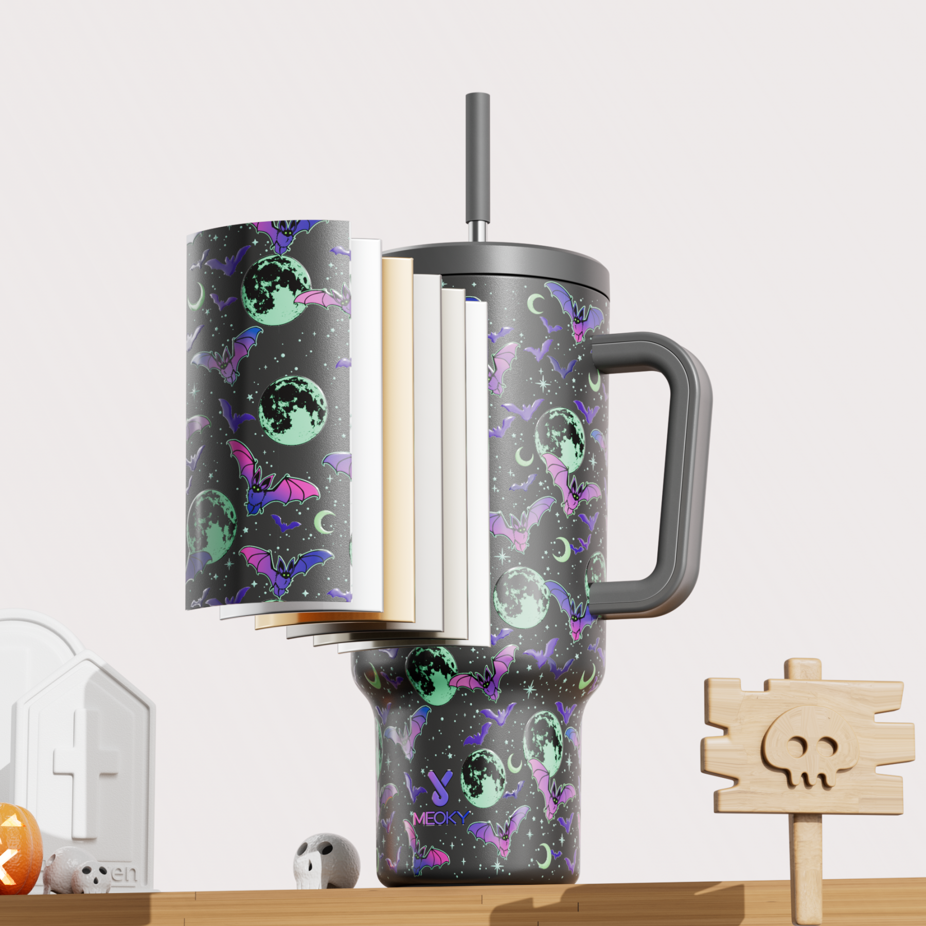 40oz Tumbler With Straw Halloween Special Edition-Purple Bat-Limited Edition