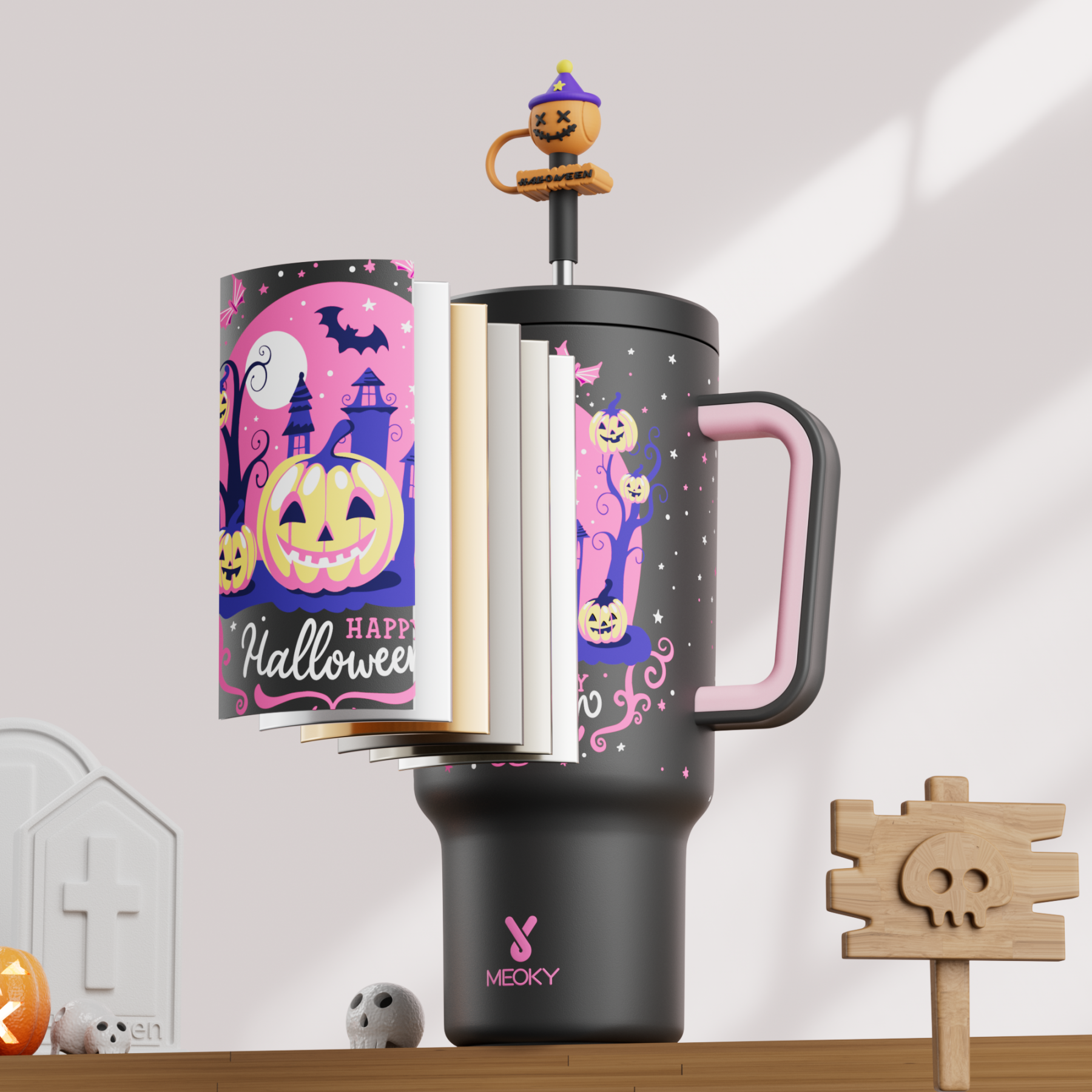 40oz Tumbler With Straw Halloween Special Edition-Black Castle Halloween - Luminous