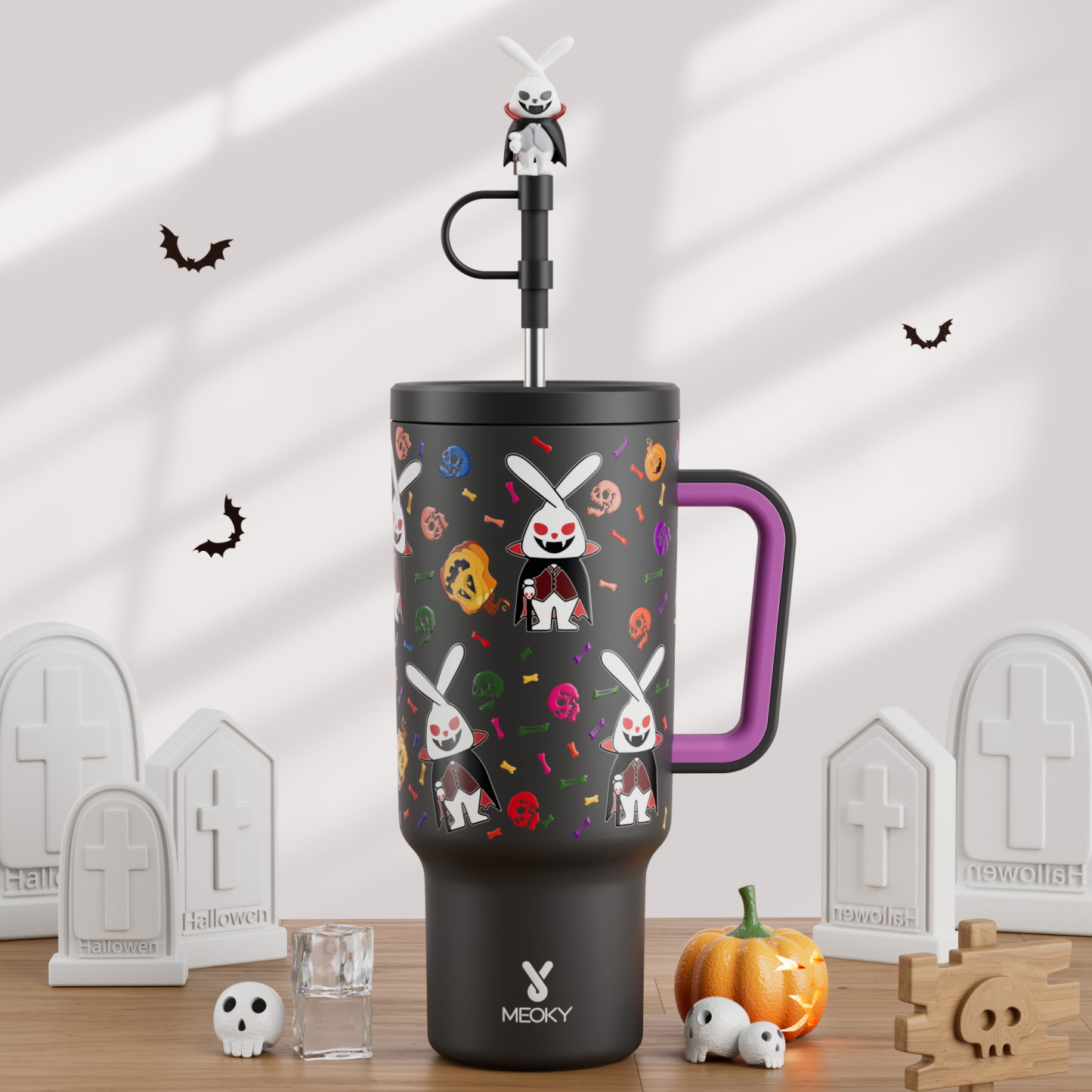 40oz Tumbler With Straw Halloween Special Edition-White Bunny Halloween - Luminous