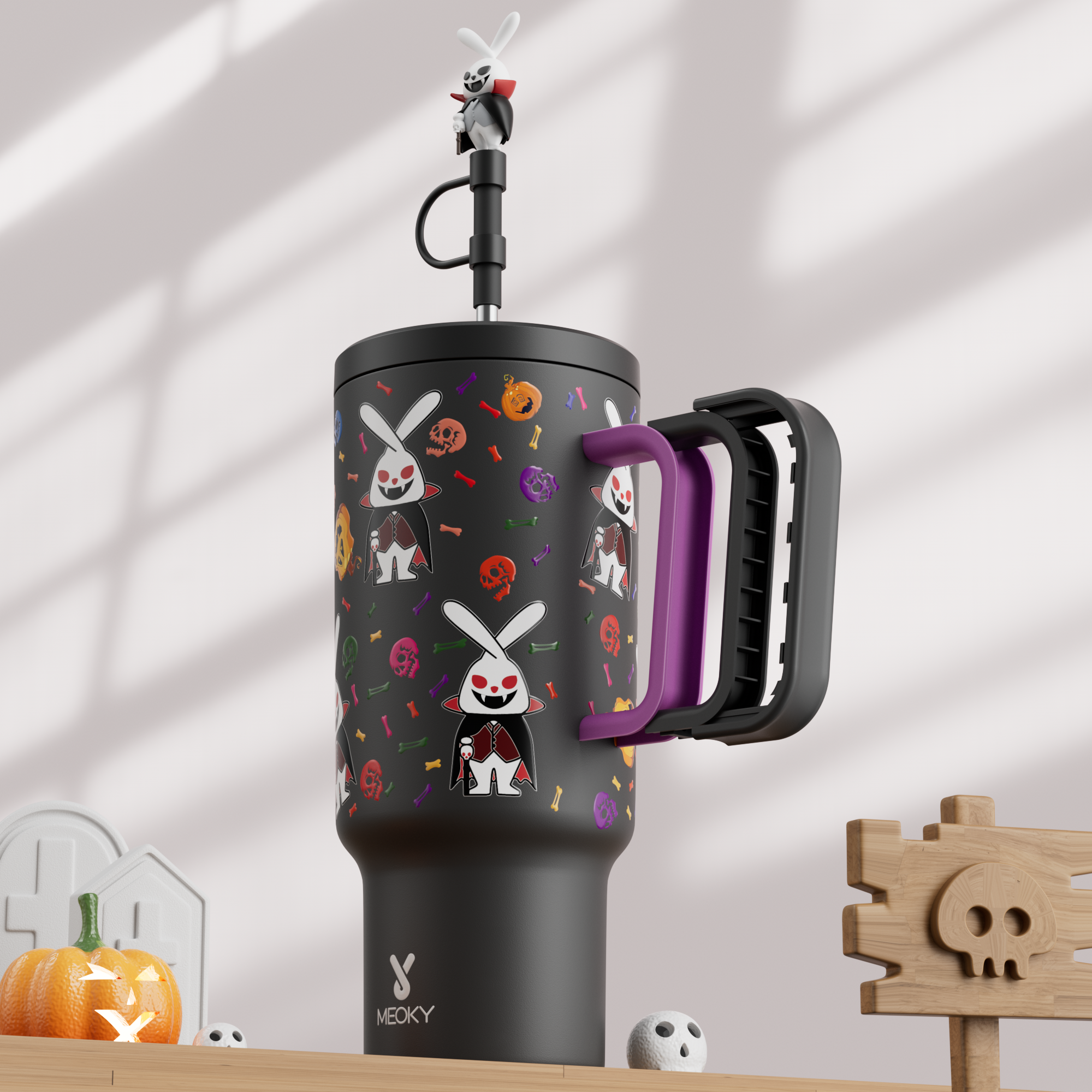 40oz Tumbler With Straw Halloween Special Edition-White Bunny Halloween - Luminous