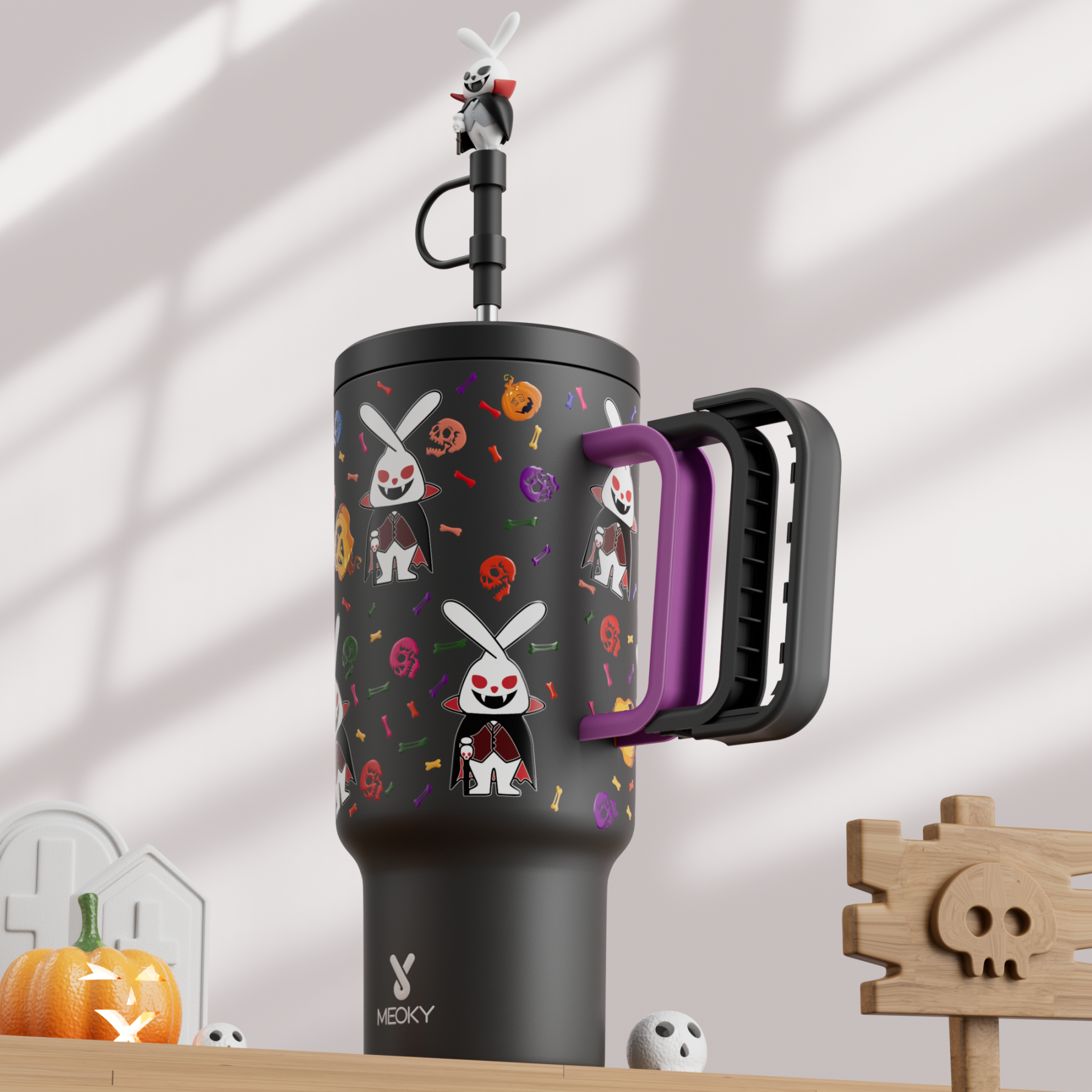 40oz Tumbler With Straw Halloween Special Edition-White Bunny Halloween - Luminous