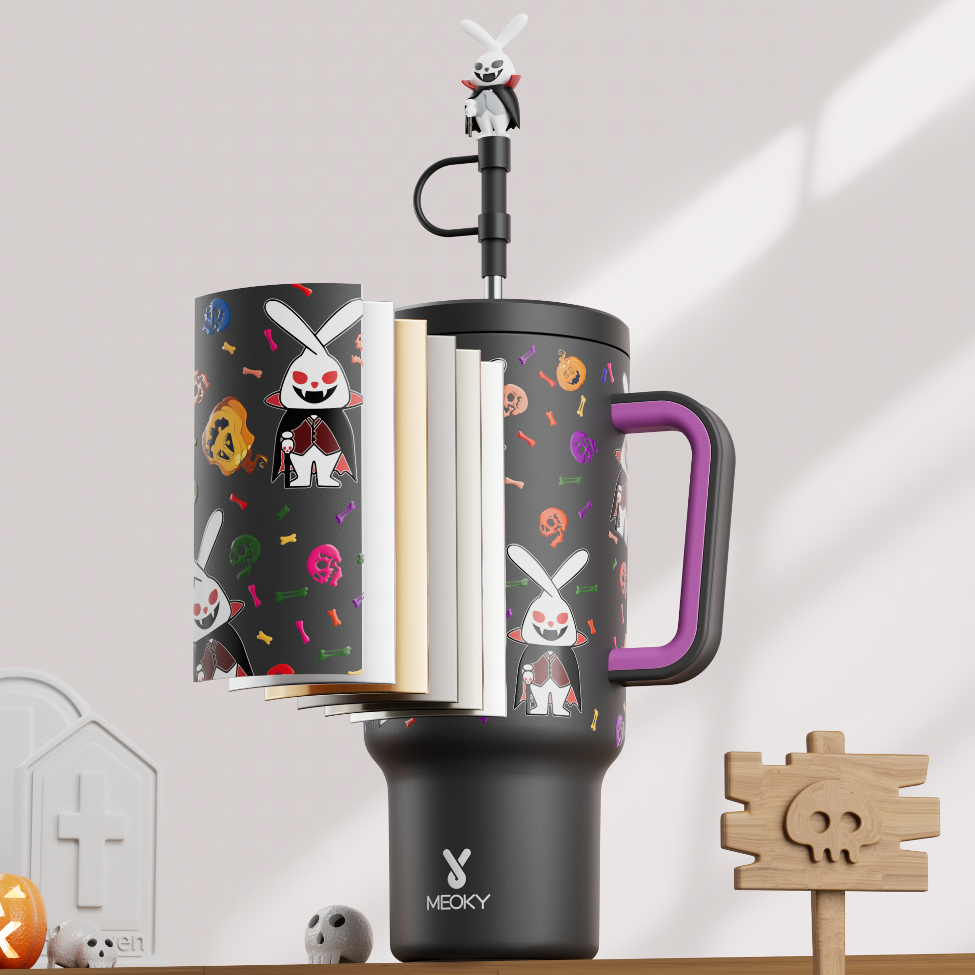 40oz Tumbler With Straw Halloween Special Edition-White Bunny Halloween - Luminous