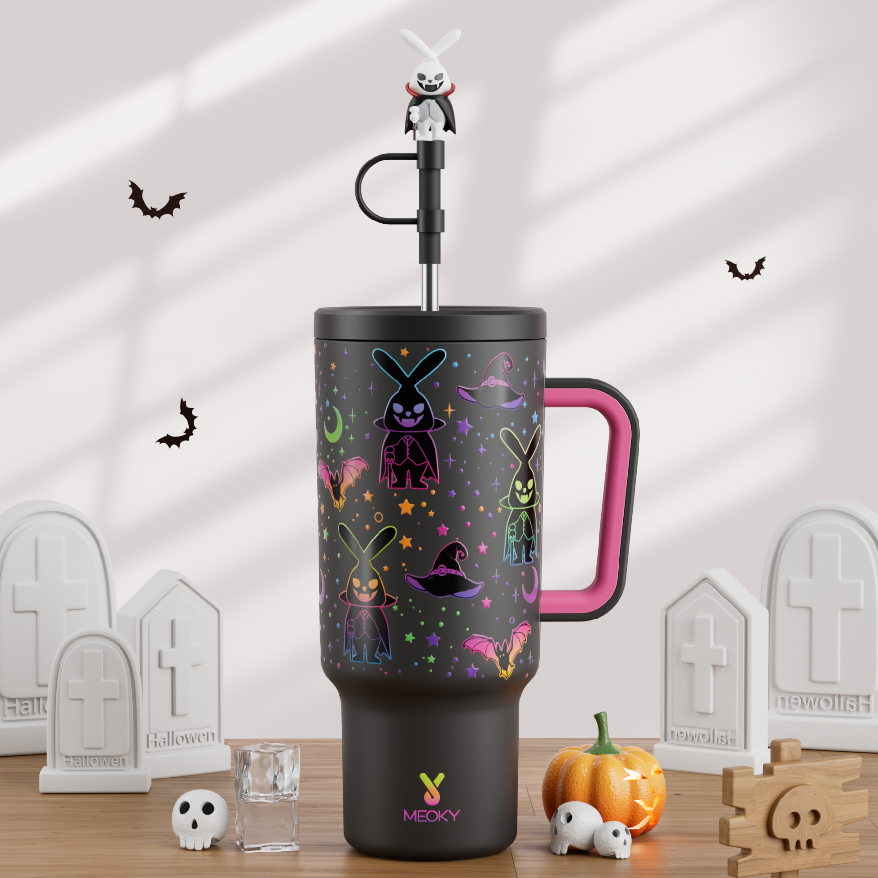 40oz Tumbler With Straw Halloween Special Edition-Black Bunny Halloween - Luminous