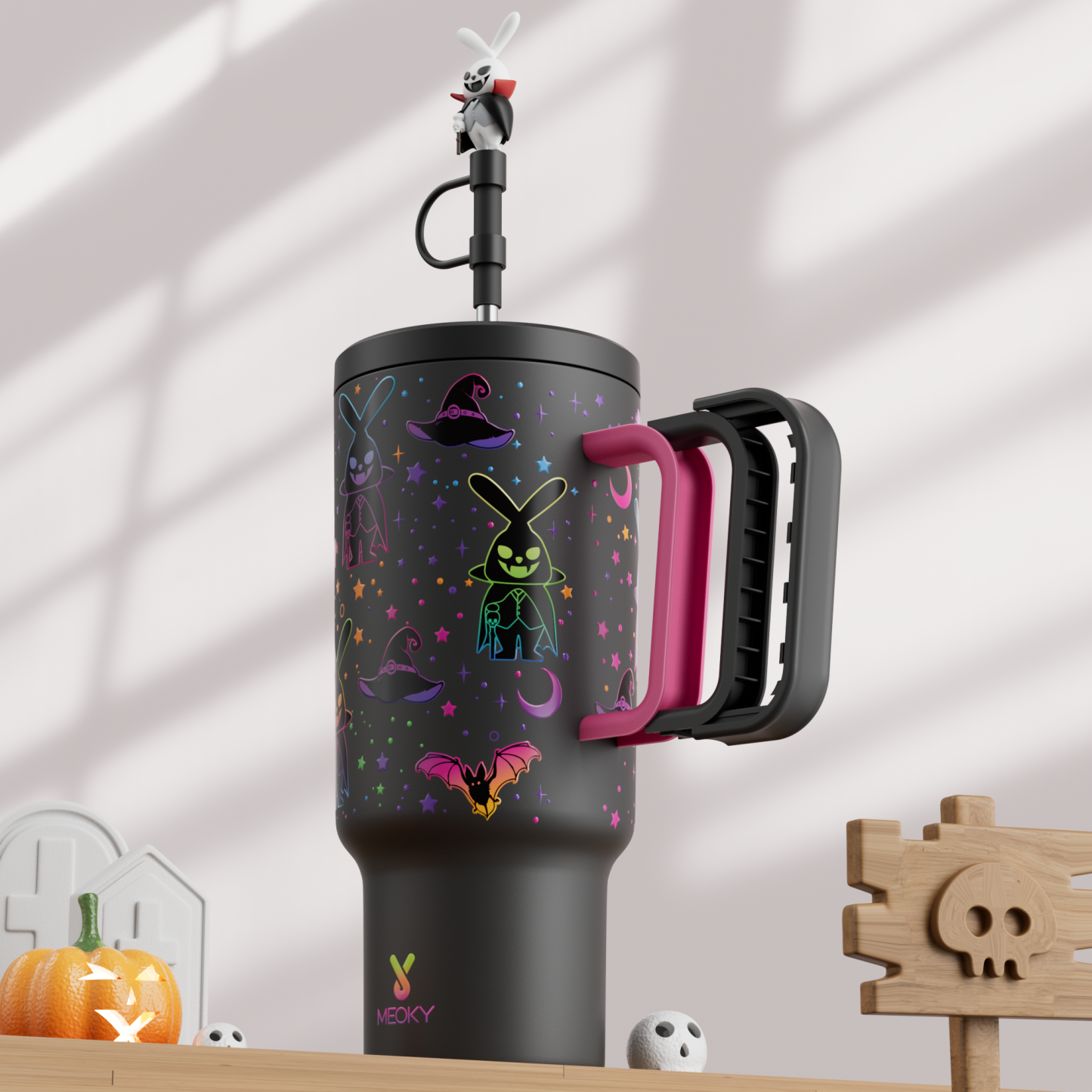 40oz Tumbler With Straw Halloween Special Edition-Black Bunny Halloween - Luminous