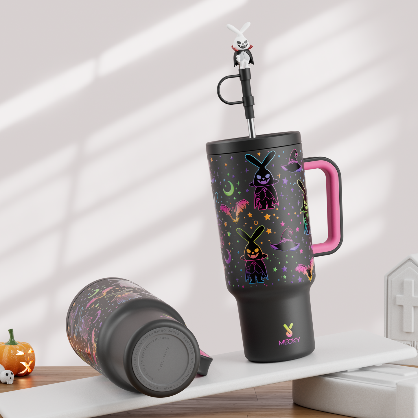 40oz Tumbler With Straw Halloween Special Edition-Black Bunny Halloween - Luminous