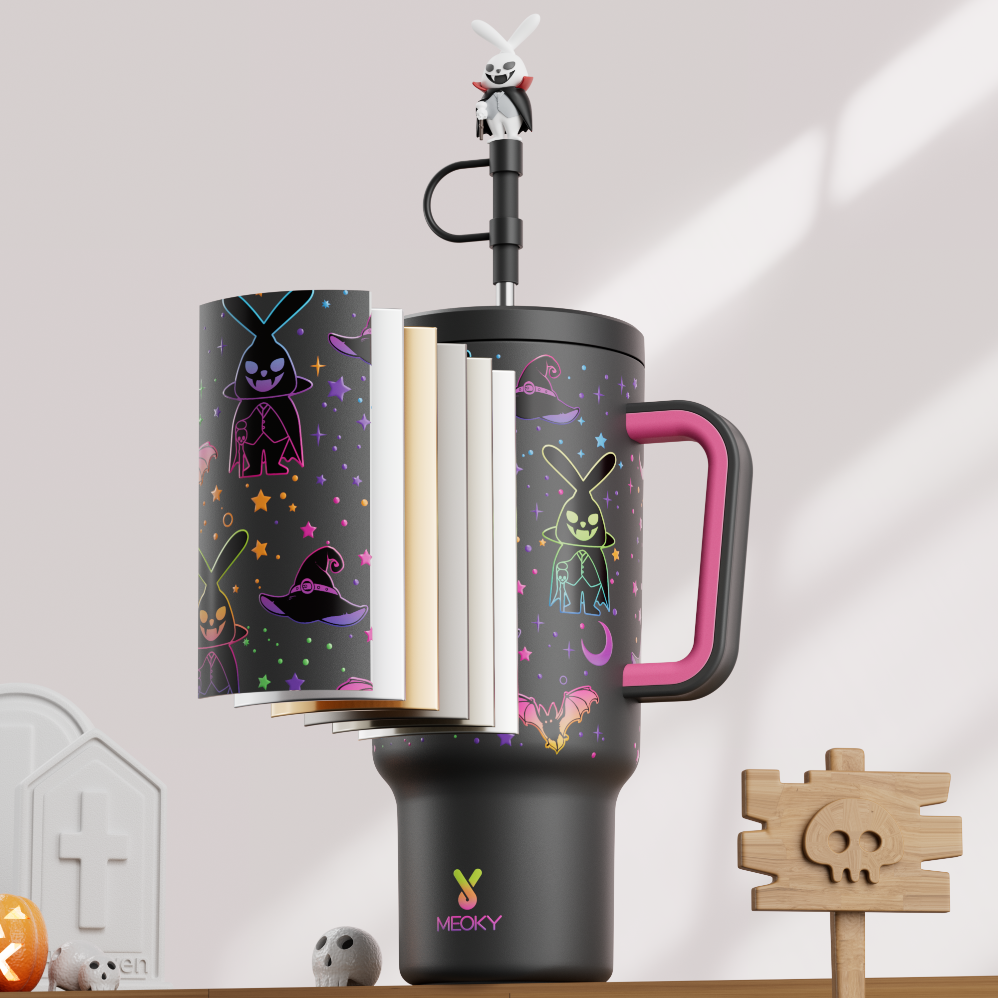 40oz Tumbler With Straw Halloween Special Edition-Black Bunny Halloween - Luminous