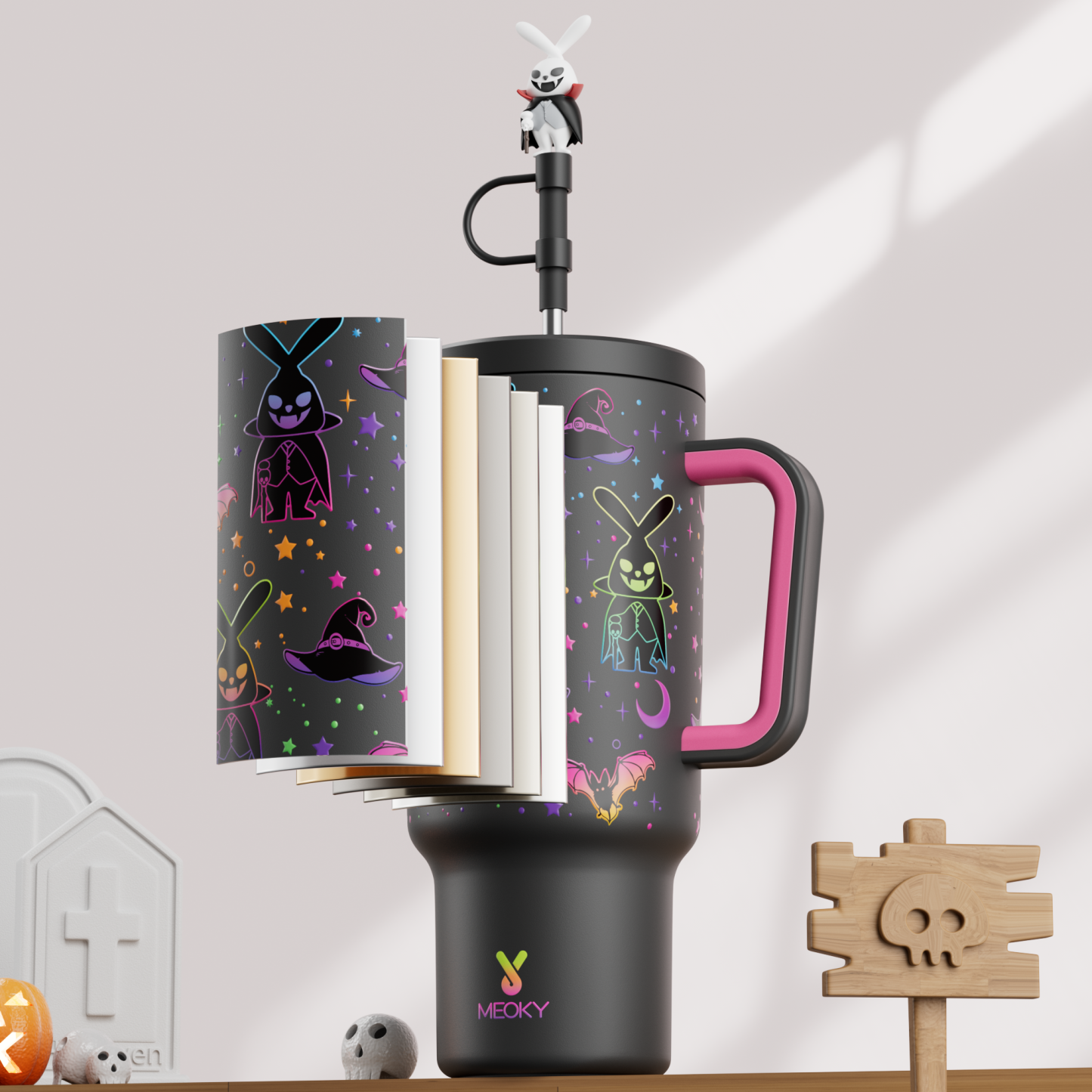 40oz Tumbler With Straw Halloween Special Edition-Black Bunny Halloween - Luminous