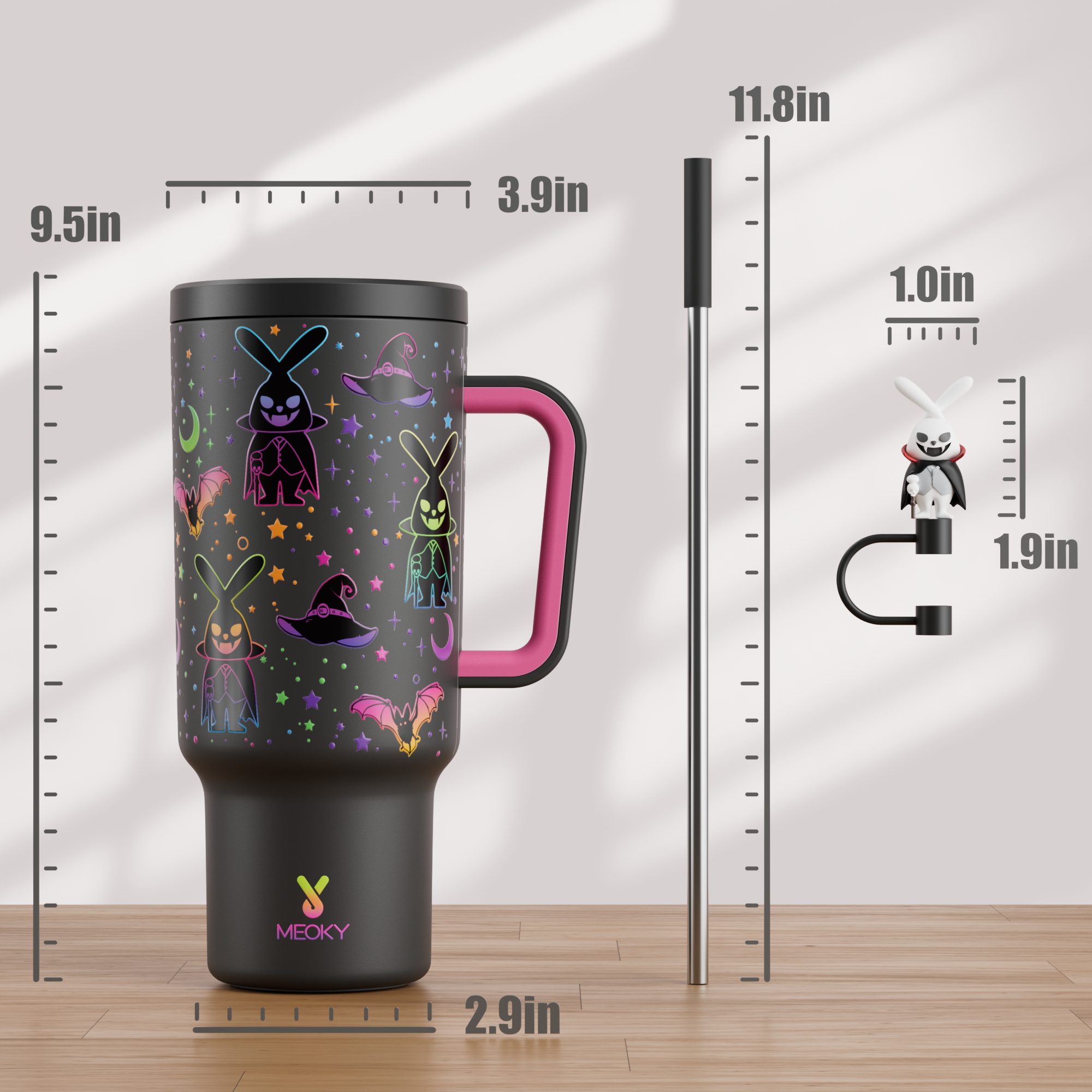 40oz Tumbler With Straw Halloween Special Edition-Black Bunny Halloween - Luminous