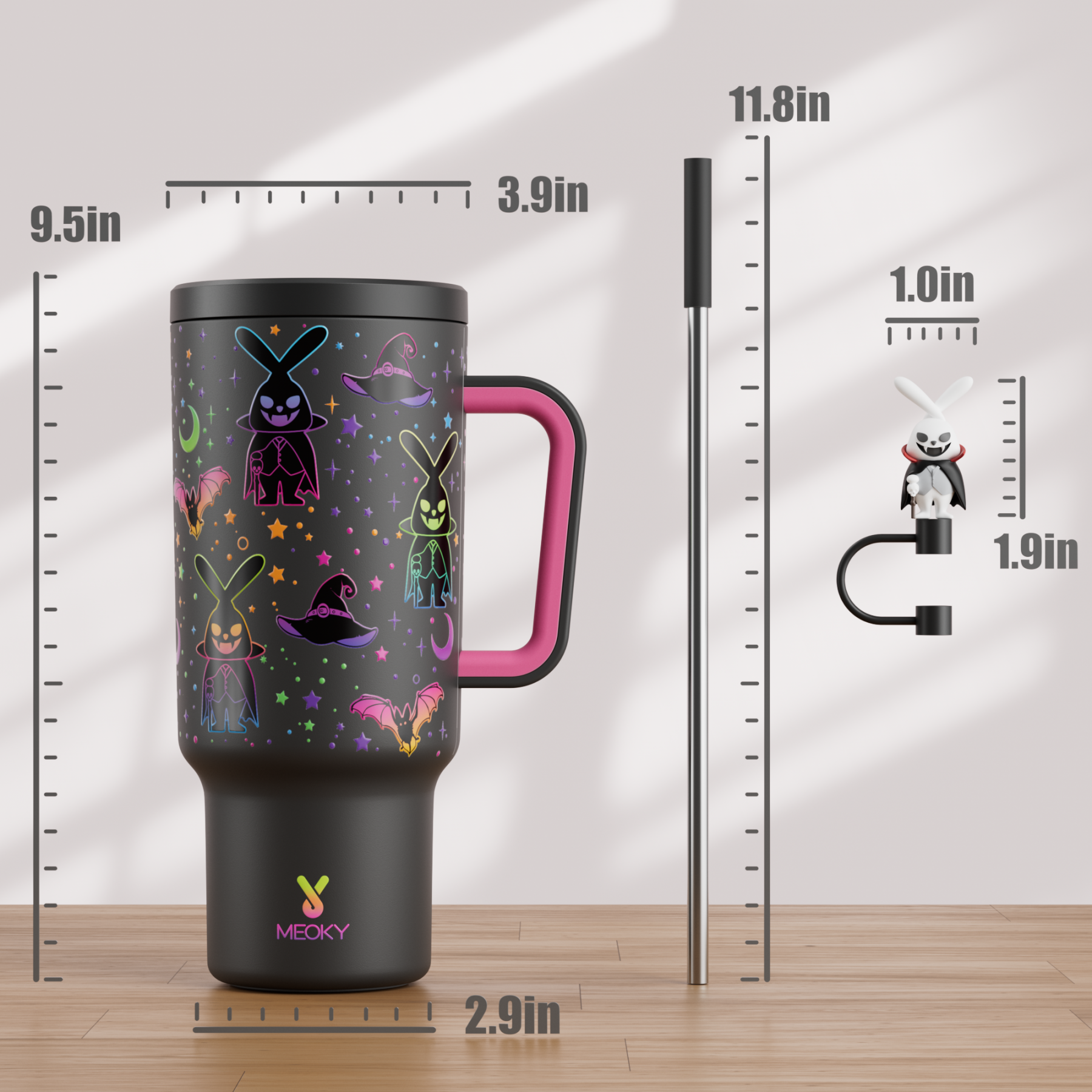 40oz Tumbler With Straw Halloween Special Edition-Black Bunny Halloween - Luminous