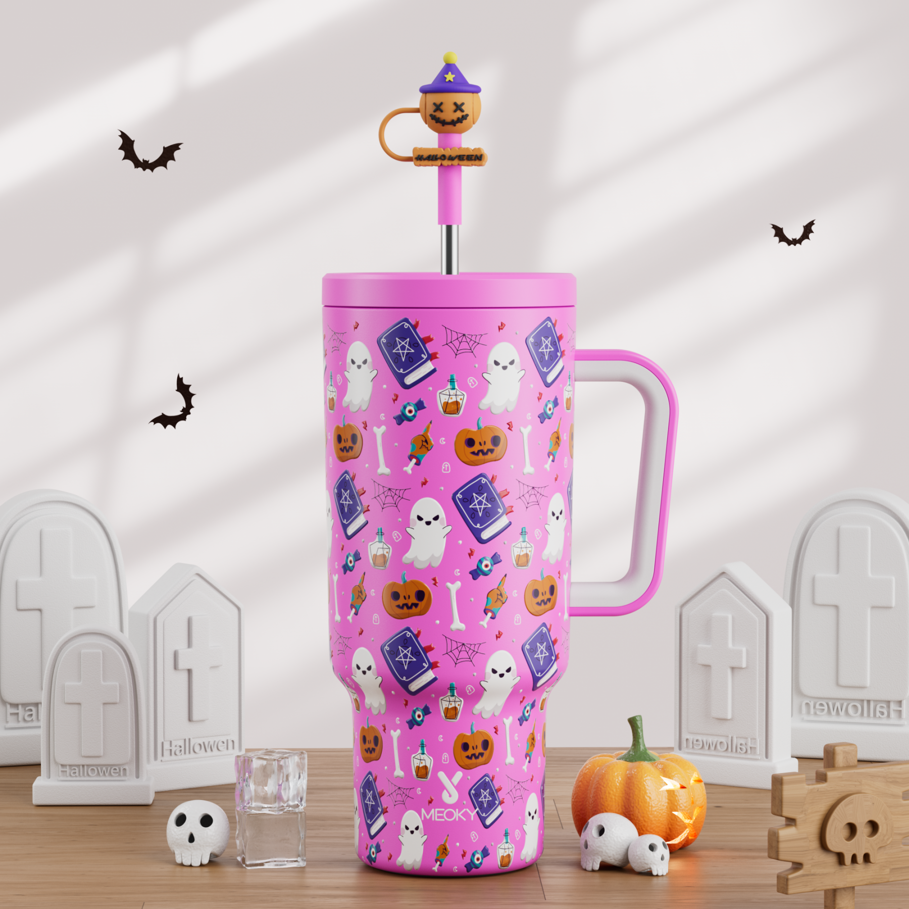40oz Tumbler With Straw Halloween Special Edition-Pink Pumpkin Halloween