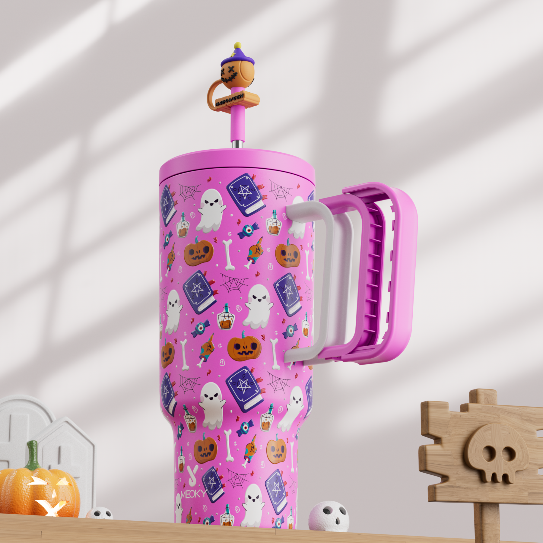 40oz Tumbler With Straw Halloween Special Edition-Pink Pumpkin Halloween
