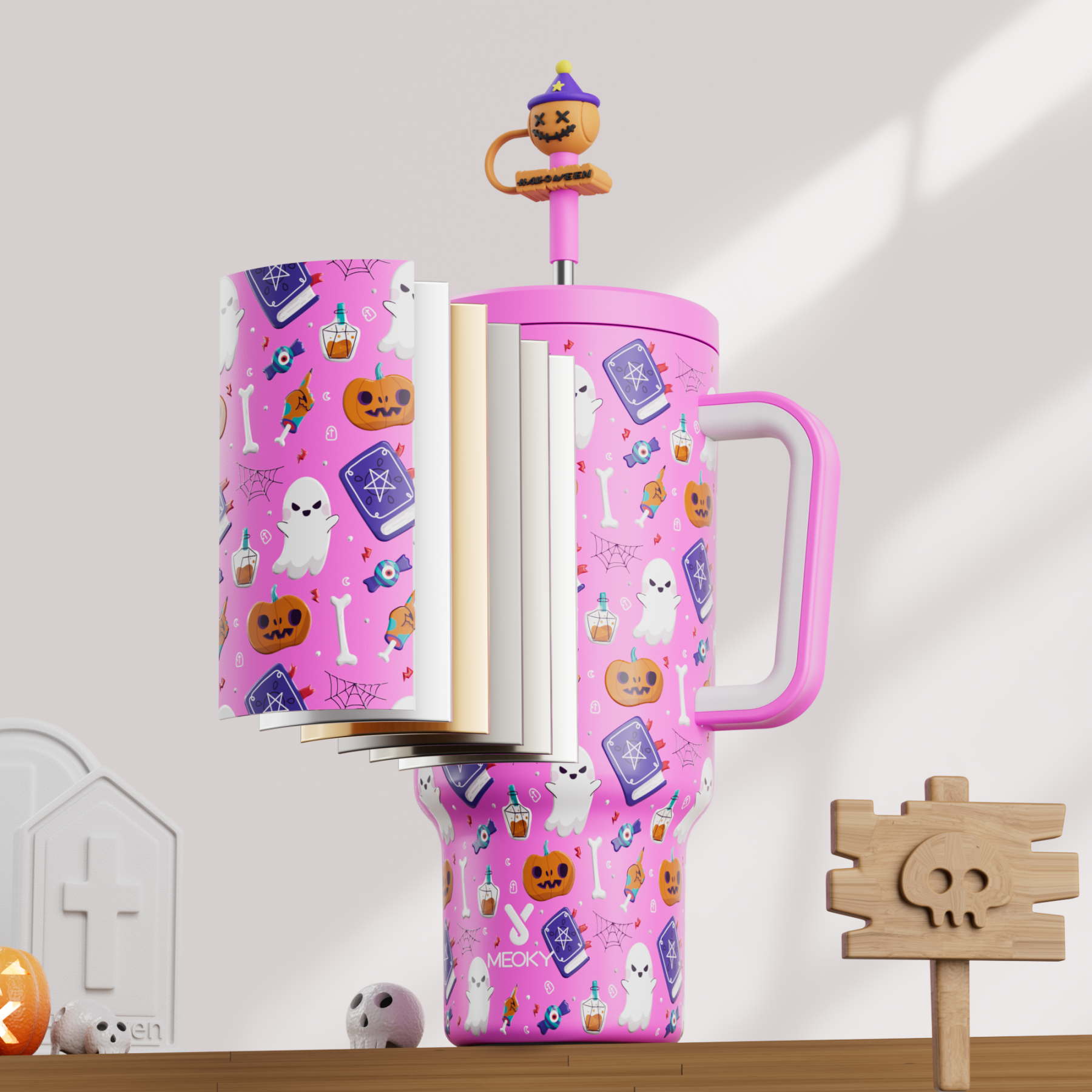 40oz Tumbler With Straw Halloween Special Edition-Pink Pumpkin Halloween