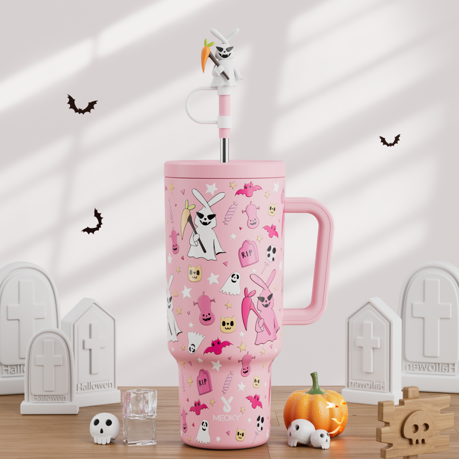 40oz Tumbler With Straw Halloween Special Edition-Pink Bunny Halloween