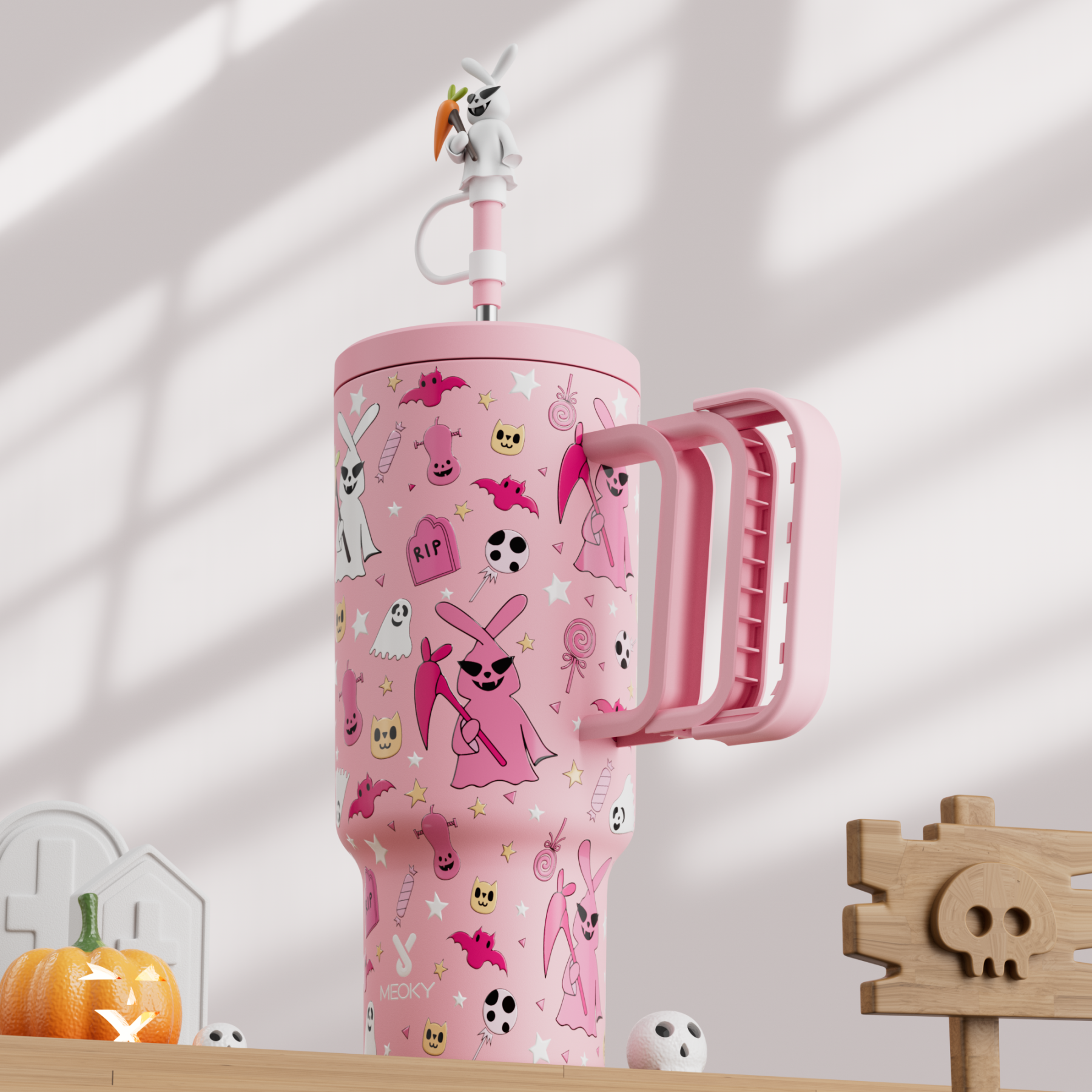 40oz Tumbler With Straw Halloween Special Edition-Pink Bunny Halloween