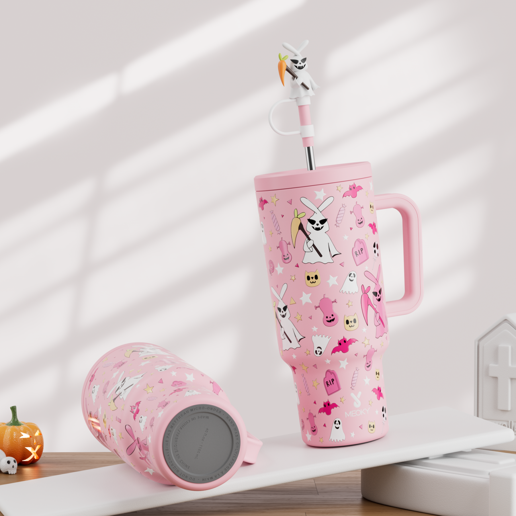 40oz Tumbler With Straw Halloween Special Edition-Pink Bunny Halloween