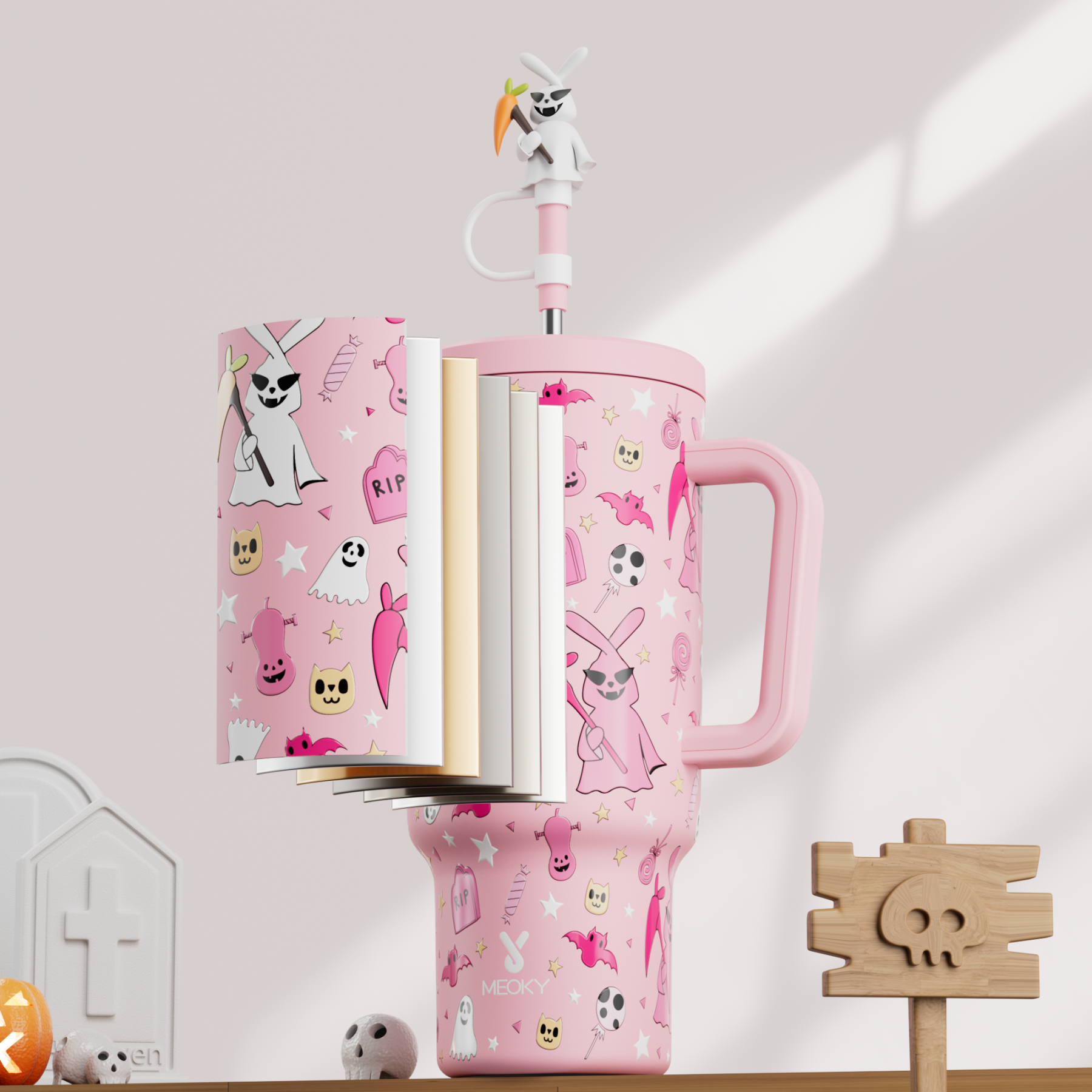 40oz Tumbler With Straw Halloween Special Edition-Pink Bunny Halloween