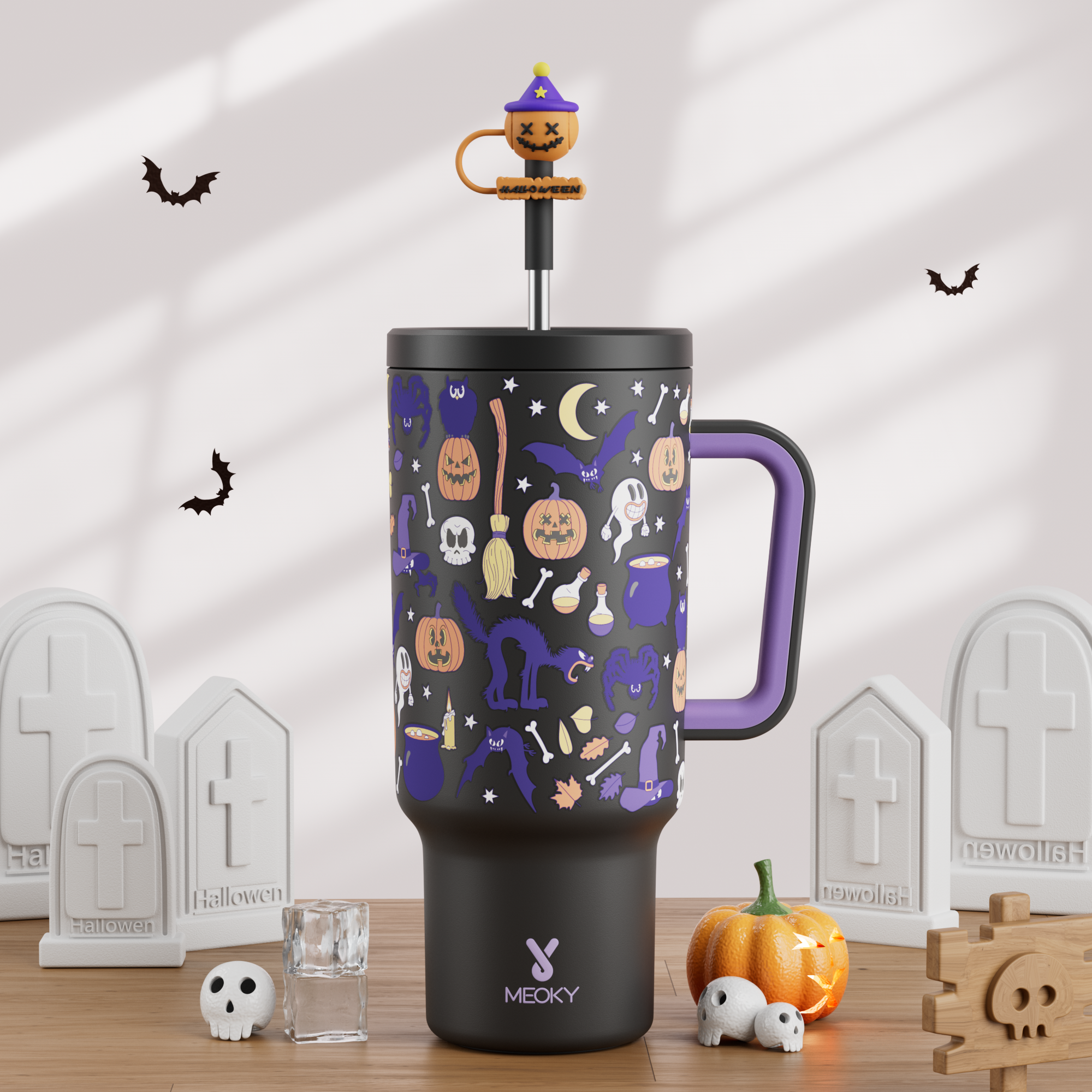 40oz Tumbler With Straw Halloween Special Edition-Black Pumpkin Halloween - Luminous