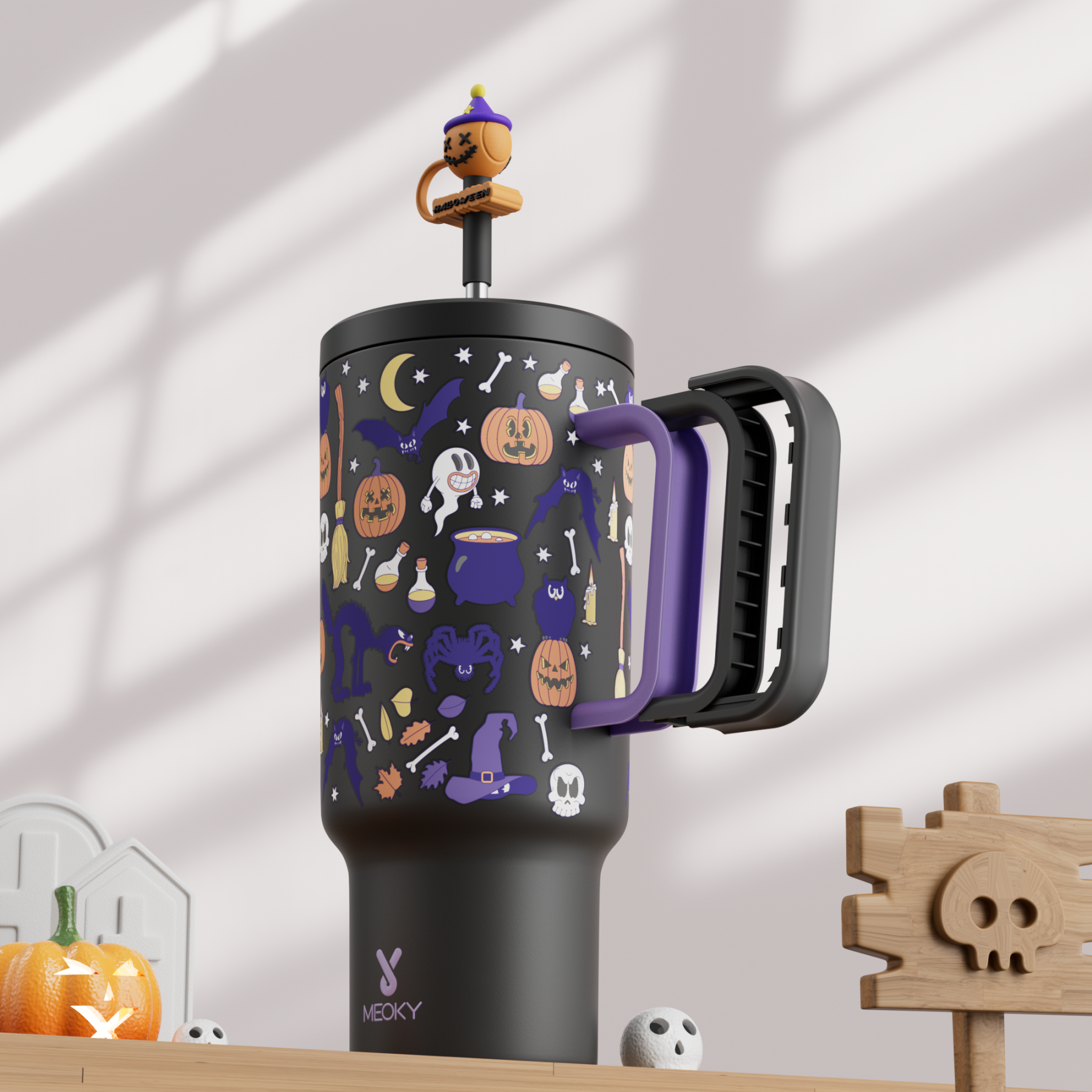 40oz Tumbler With Straw Halloween Special Edition-Black Pumpkin Halloween - Luminous