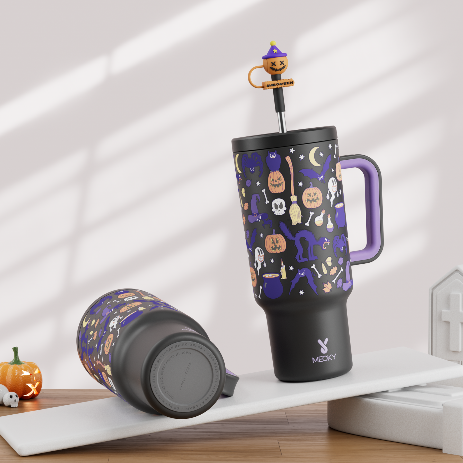 40oz Tumbler With Straw Halloween Special Edition-Black Pumpkin Halloween - Luminous