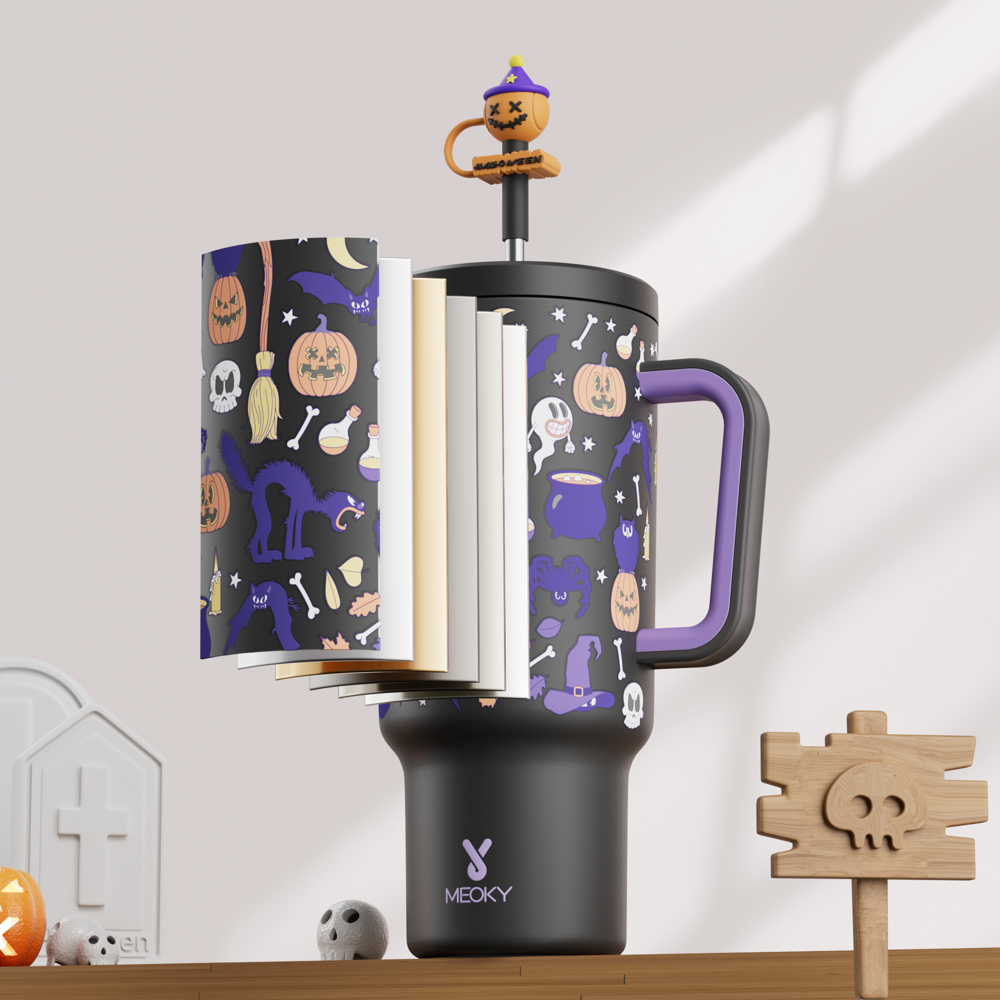 40oz Tumbler With Straw Halloween Special Edition-Black Pumpkin Halloween - Luminous